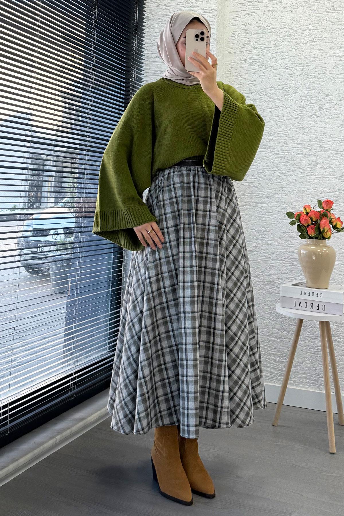 Beli Lastikli Midiboy Ekose Desen Etek - Yeşil