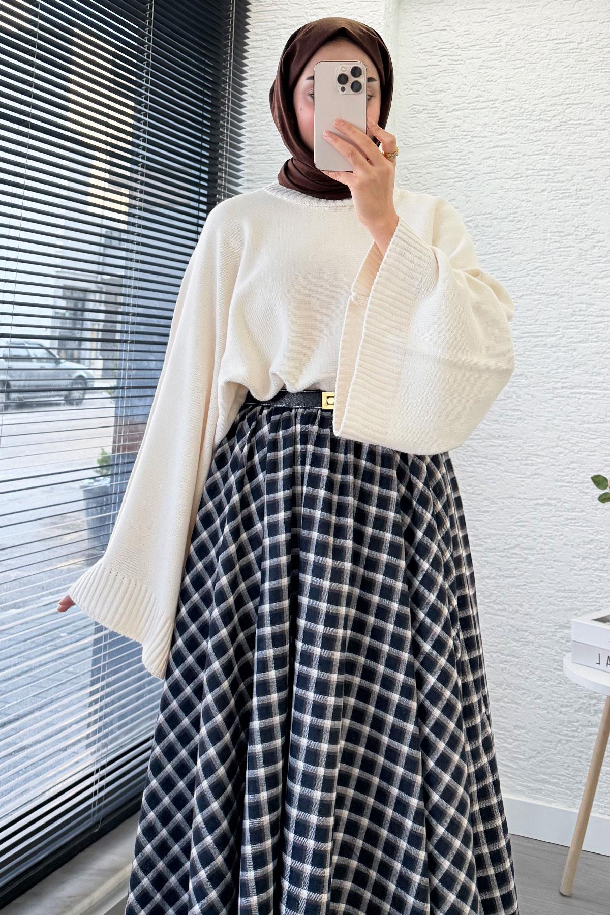 Beli Lastikli Midiboy Ekose Desen Etek - Siyah