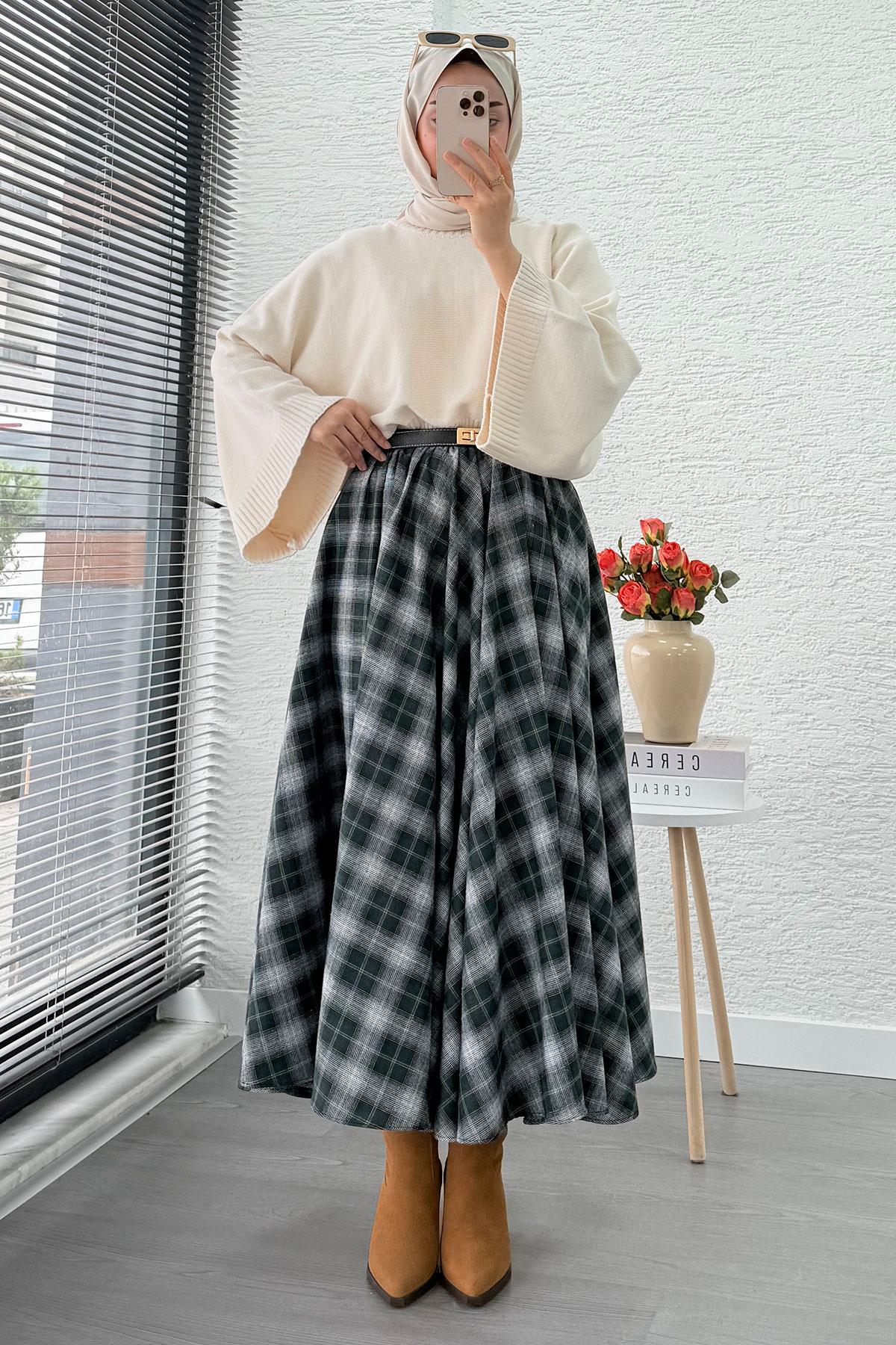 Beli Lastikli Midiboy Ekose Desen Etek - Zümrüt