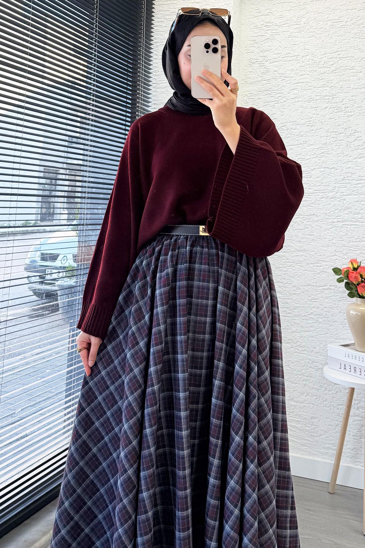 Beli Lastikli Midiboy Ekose Desen Etek - Bordo