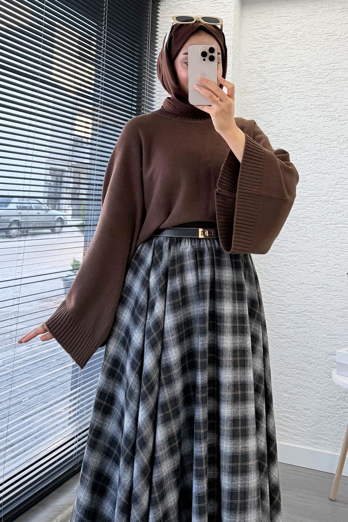 Beli Lastikli Midiboy Ekose Desen Etek - Kahverengi