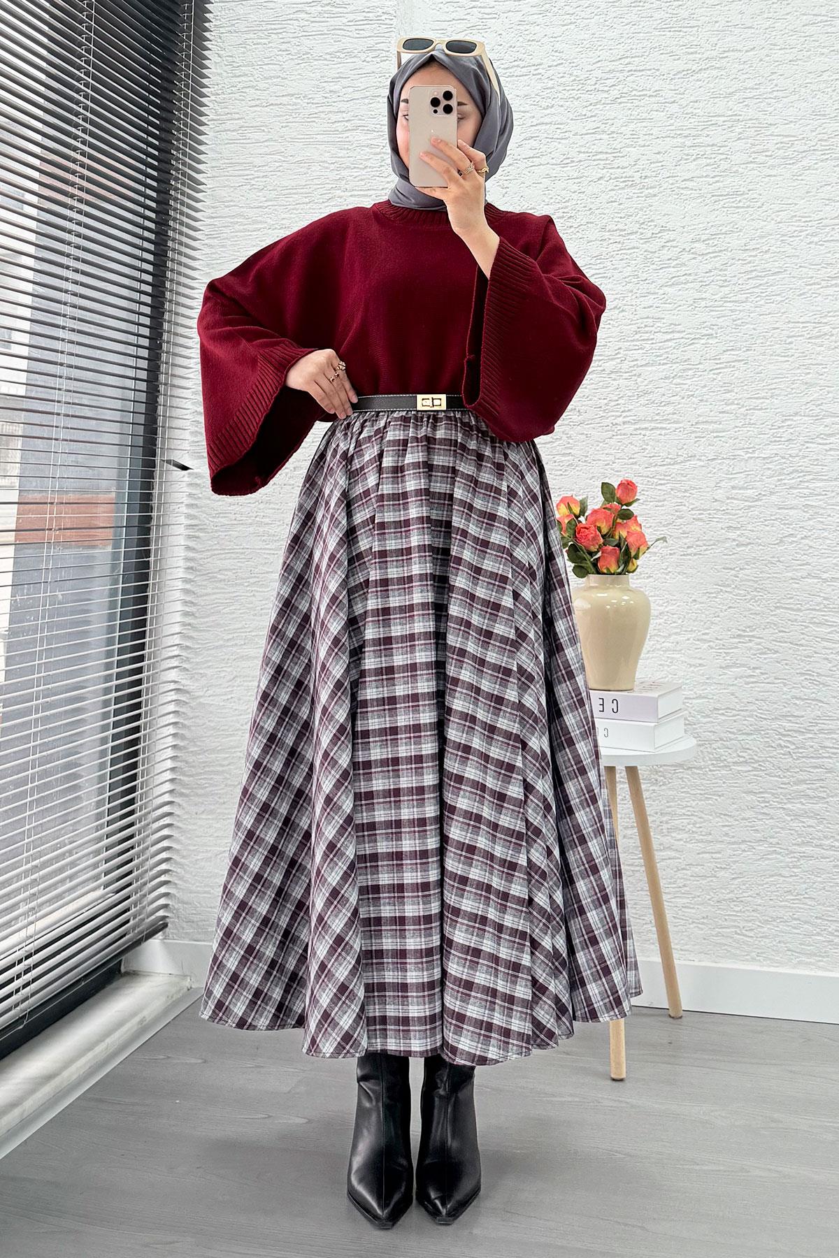 Beli Lastikli Midiboy Ekose Desen Etek - Bordo - Gri