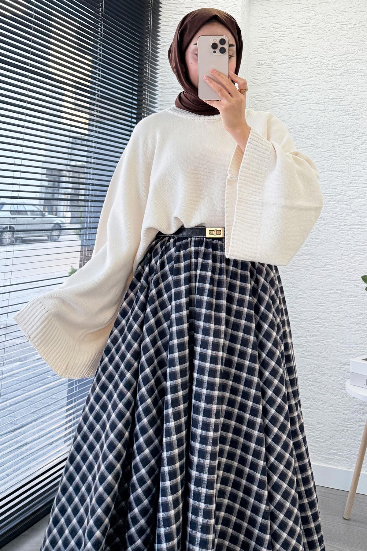 Beli Lastikli Midiboy Ekose Desen Etek - Siyah