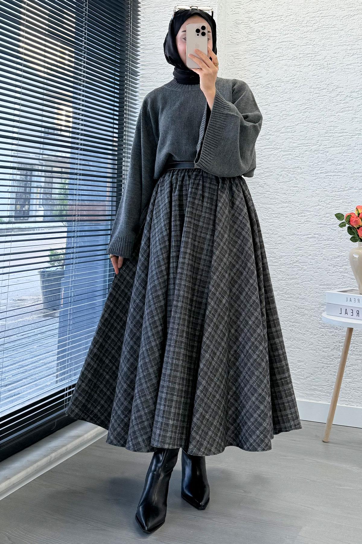 Beli Lastikli Midiboy Ekose Desen Etek - Gri