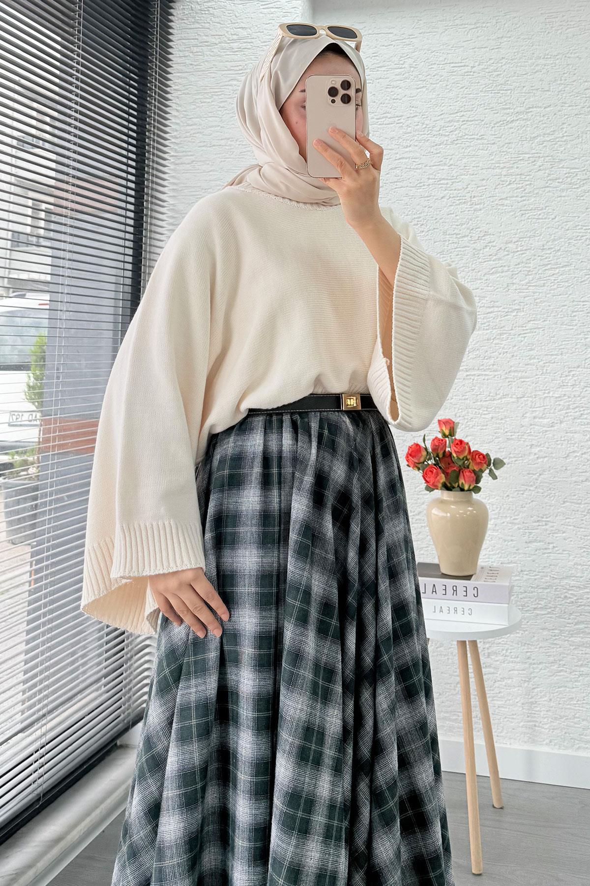 Beli Lastikli Midiboy Ekose Desen Etek - Zümrüt