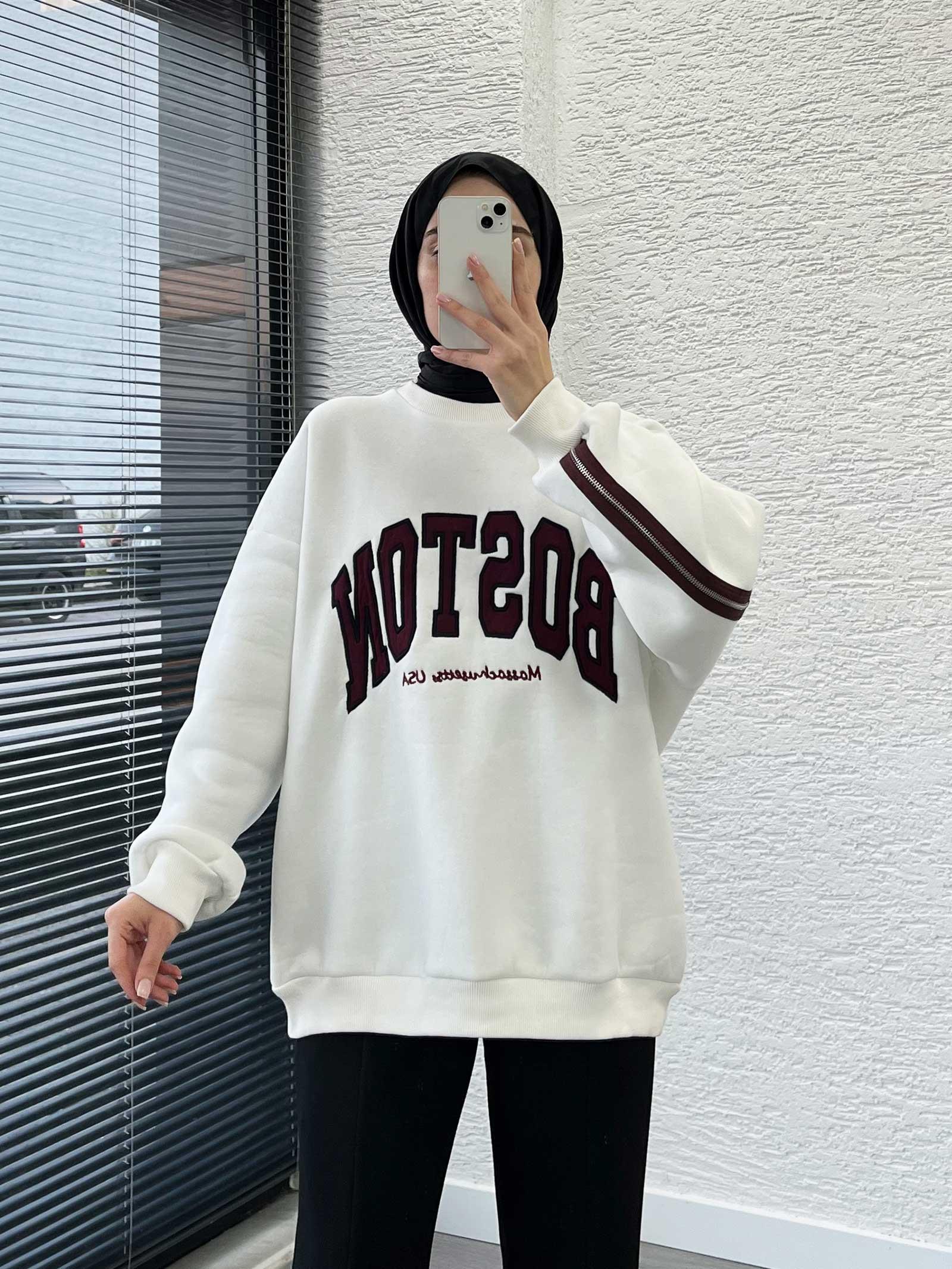 Beyaz Arka Fermuarlı Oversize Kadın Sweat