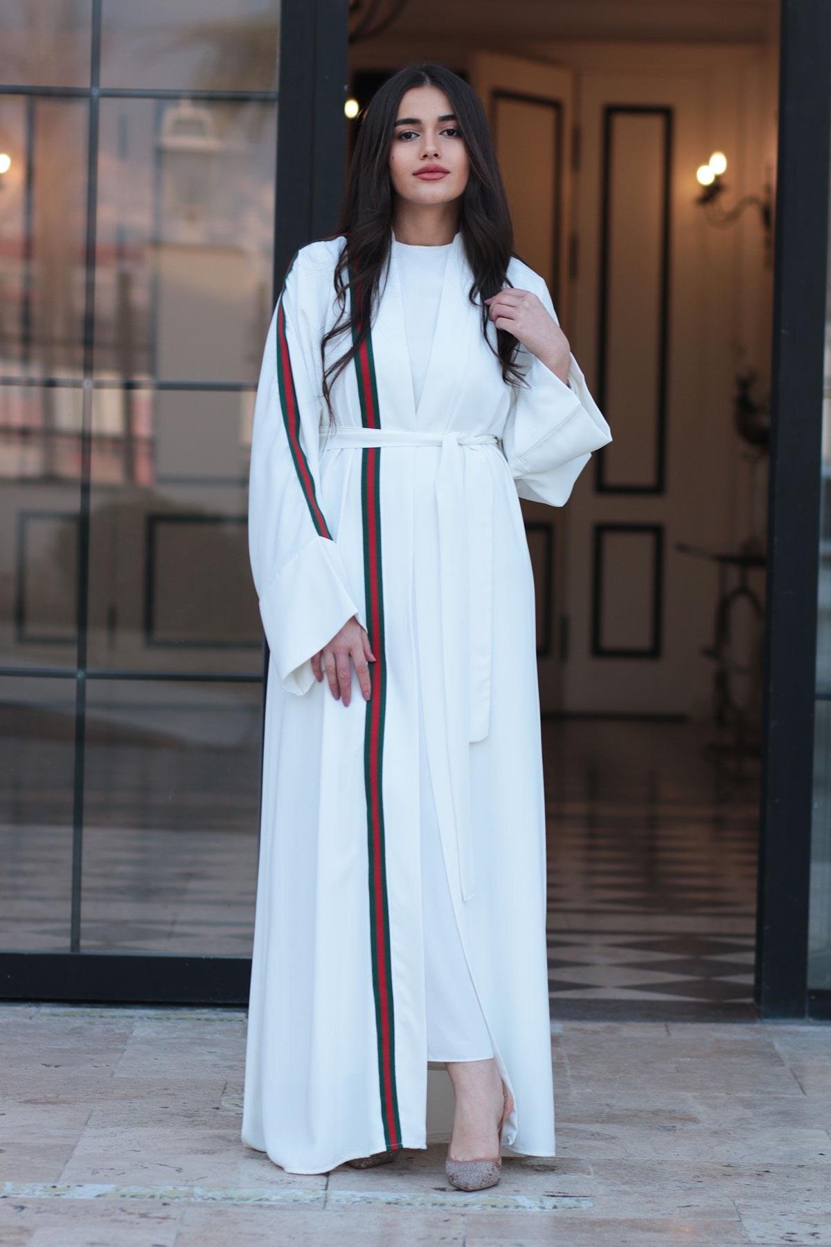 Beyaz G.cci Şeritli Abaya