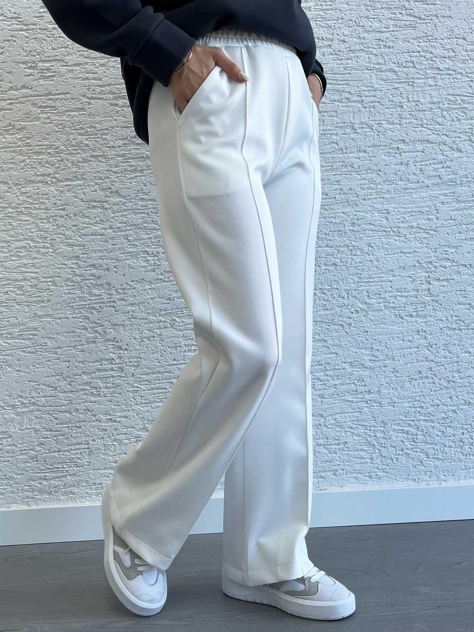 Beyaz Kadın Scuba Kumaş Bol Paça Pantolon