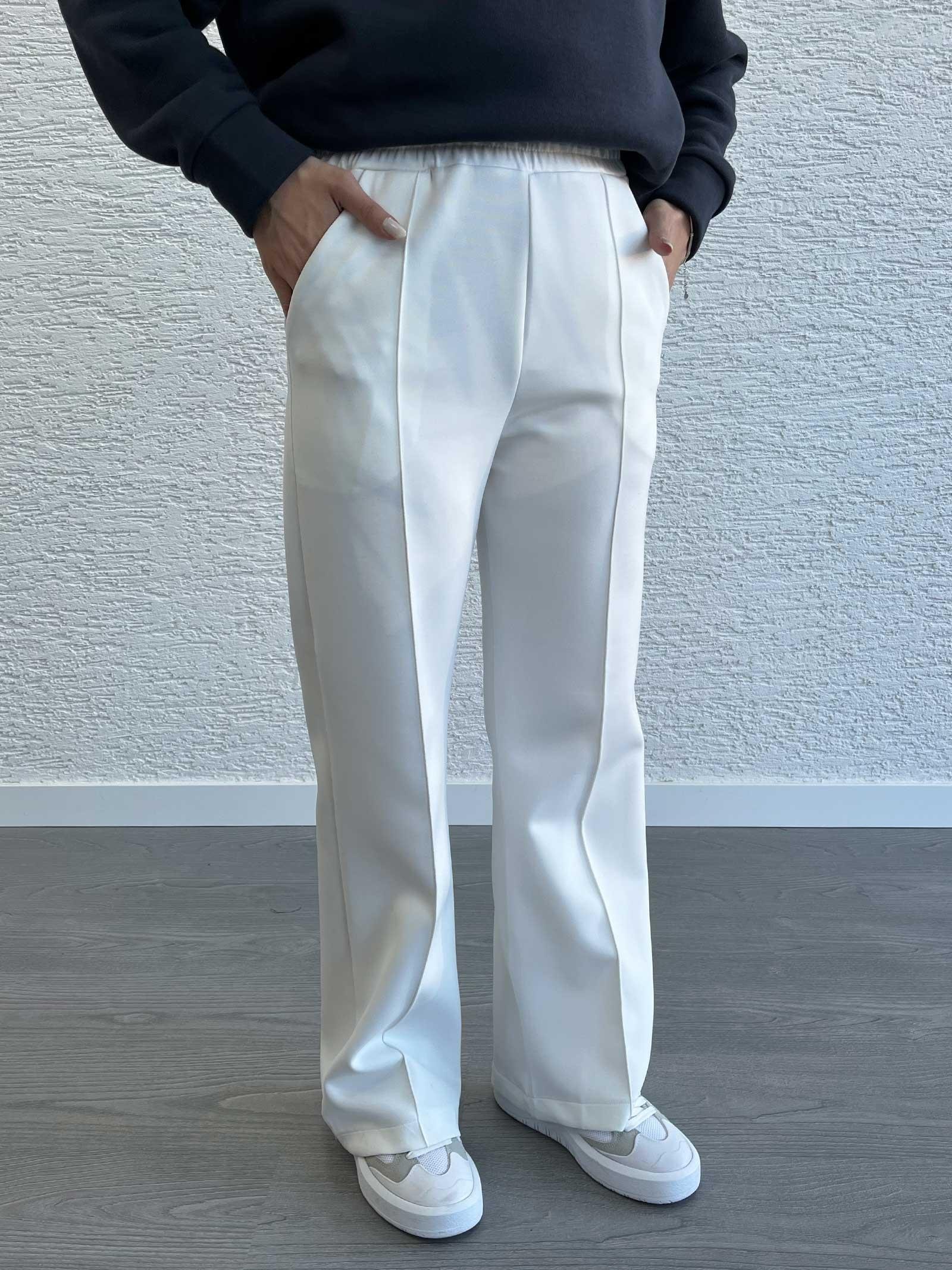 Beyaz Kadın Scuba Kumaş Bol Paça Pantolon