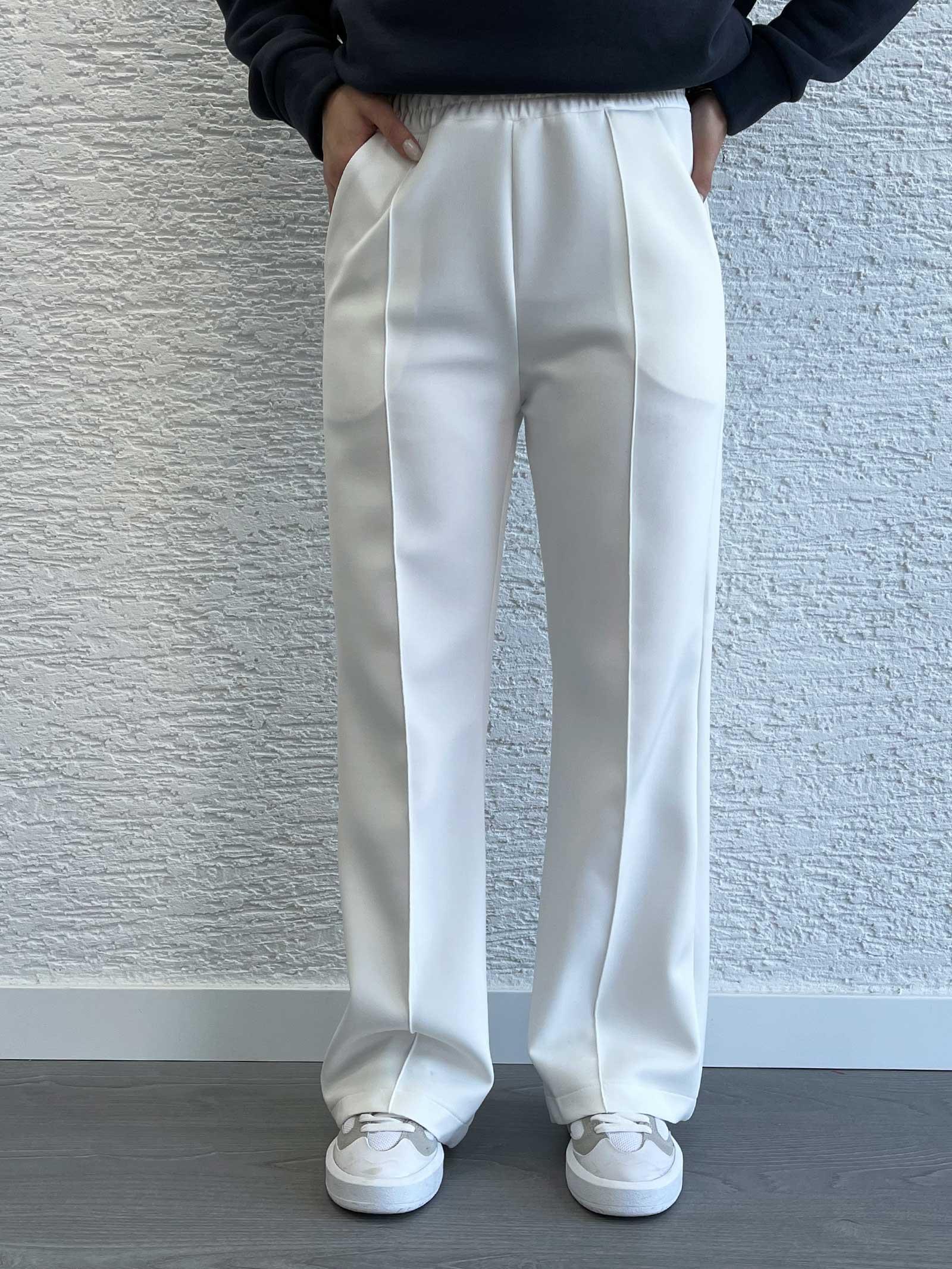 Beyaz Kadın Scuba Kumaş Bol Paça Pantolon