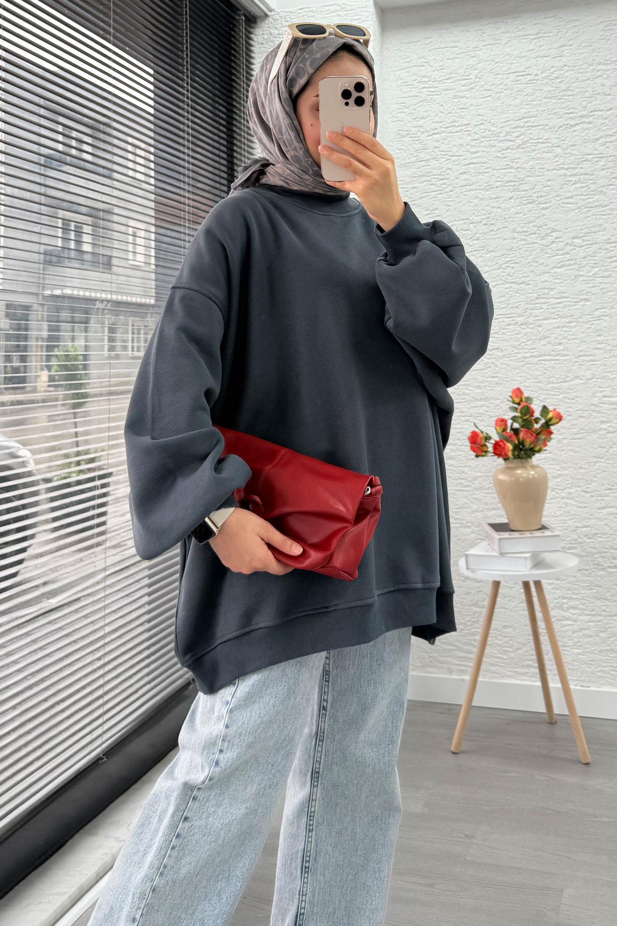 Bisiklet Yaka Oversize Kadın Sweat – Antrasit