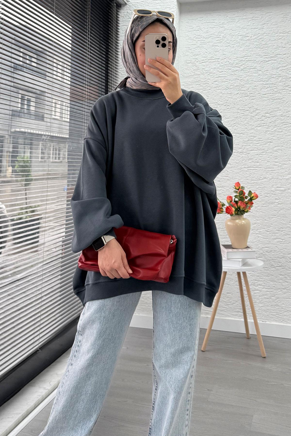 Bisiklet Yaka Oversize Kadın Sweat – Antrasit