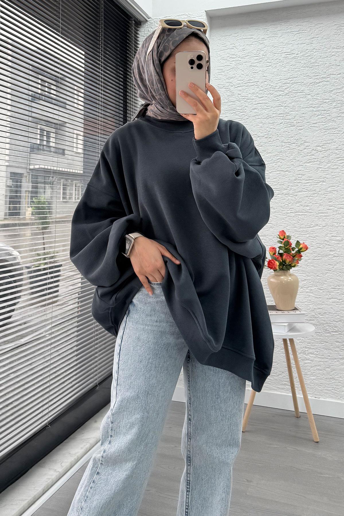 Bisiklet Yaka Oversize Kadın Sweat – Antrasit