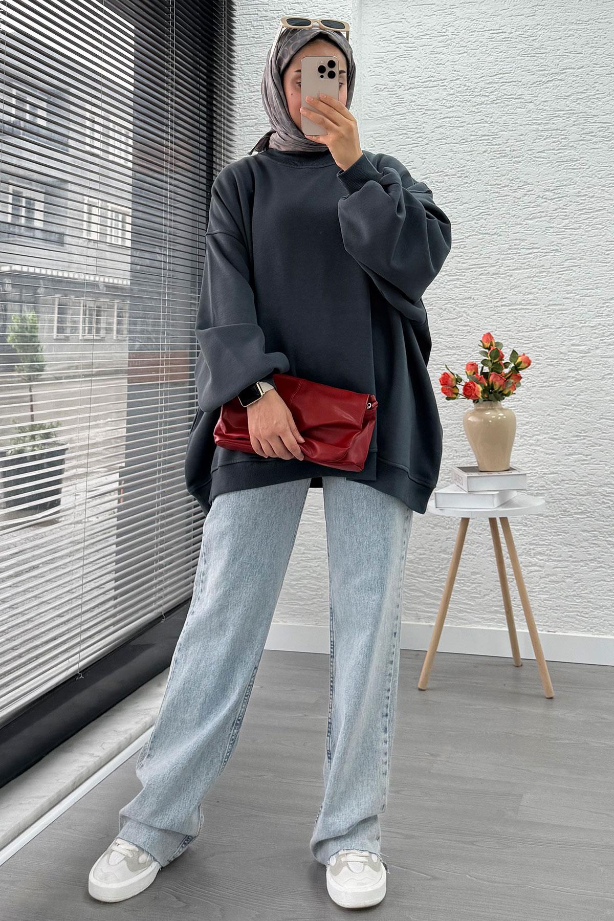 Bisiklet Yaka Oversize Kadın Sweat – Antrasit