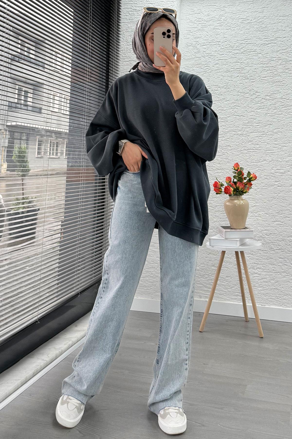 Bisiklet Yaka Oversize Kadın Sweat – Antrasit