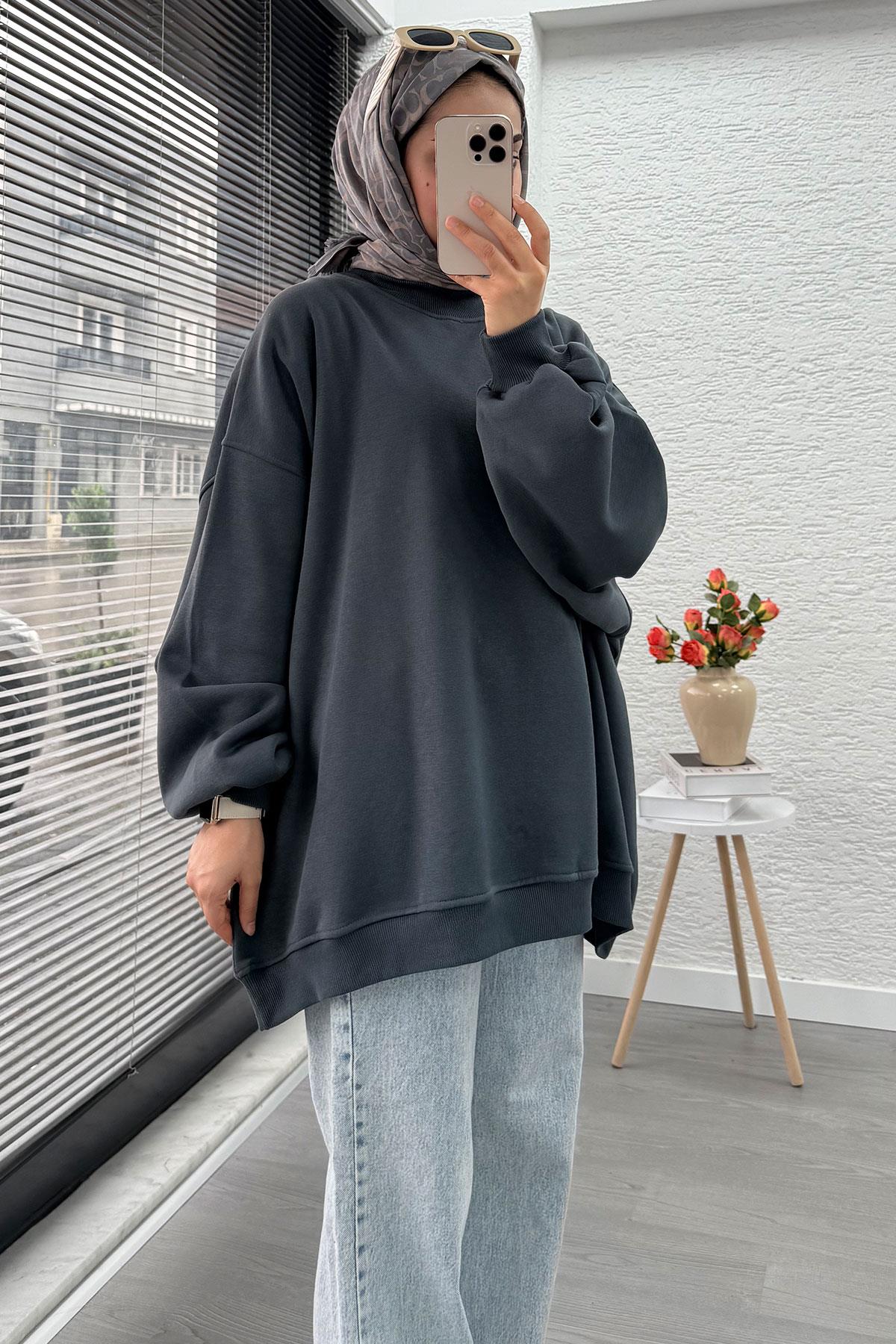 Bisiklet Yaka Oversize Kadın Sweat – Antrasit