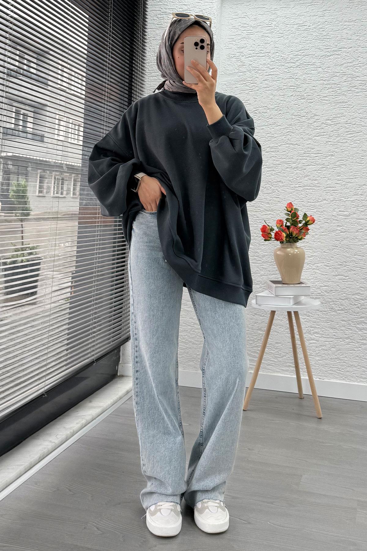 Bisiklet Yaka Oversize Kadın Sweat – Antrasit