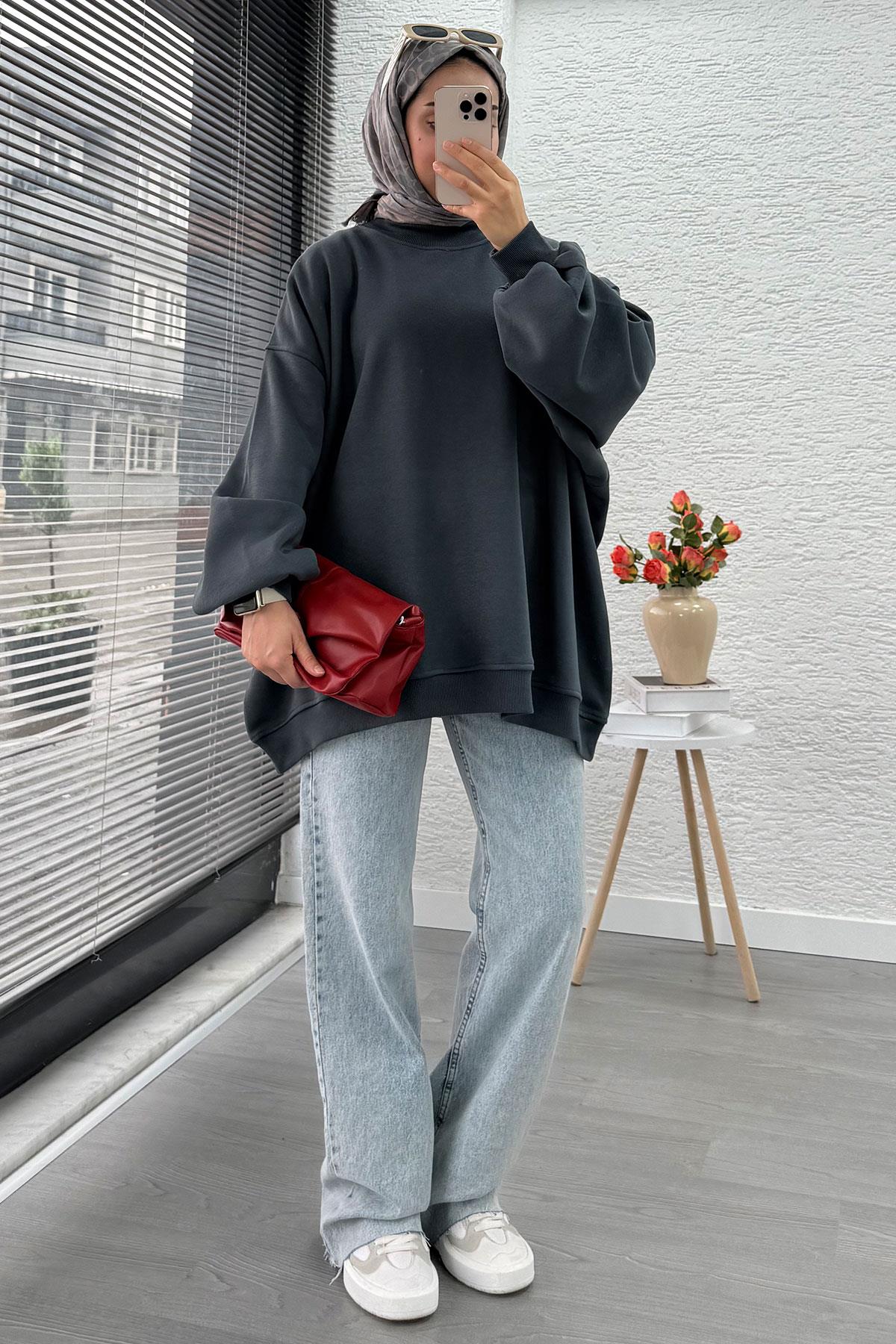 Bisiklet Yaka Oversize Kadın Sweat – Antrasit