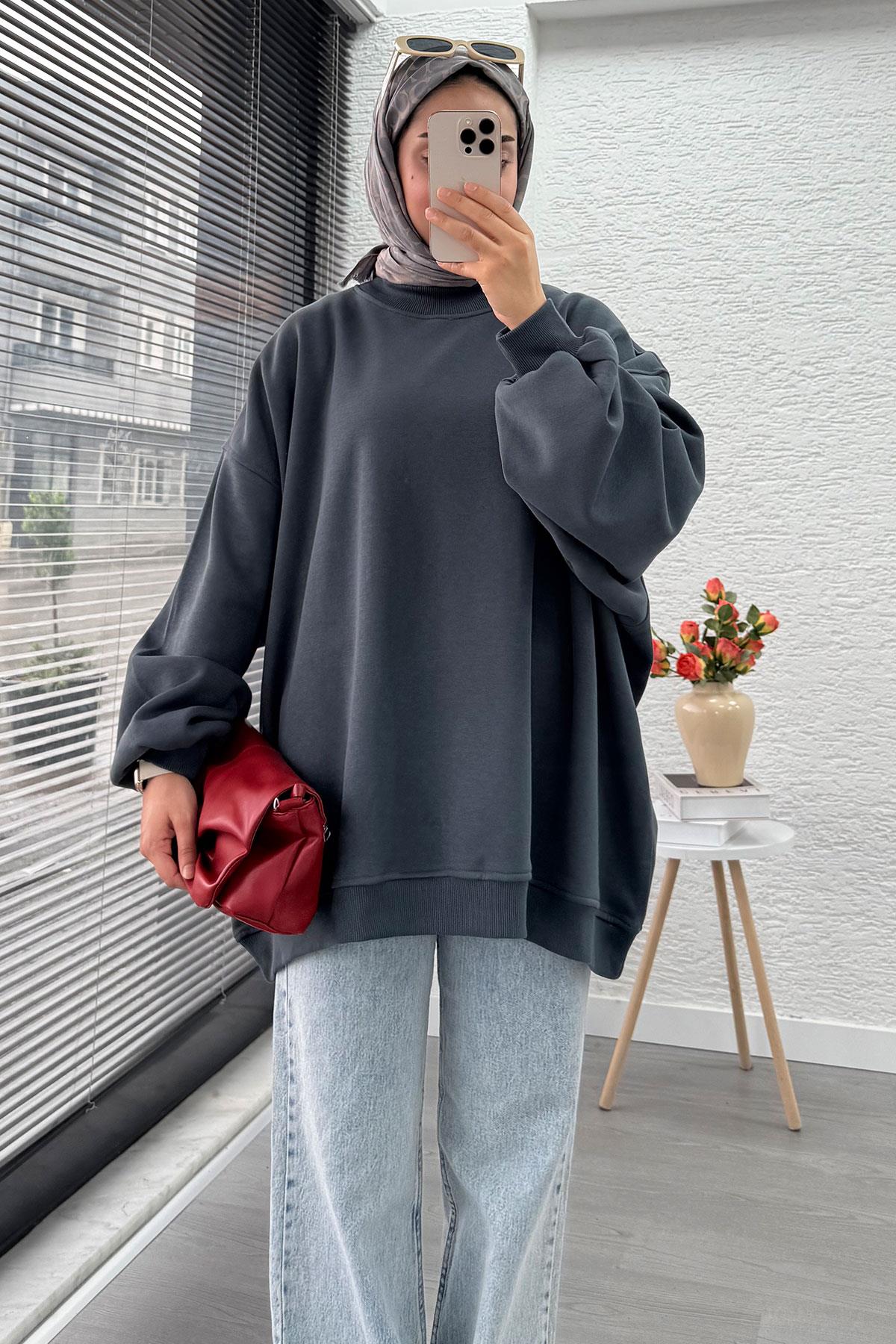 Bisiklet Yaka Oversize Kadın Sweat – Antrasit
