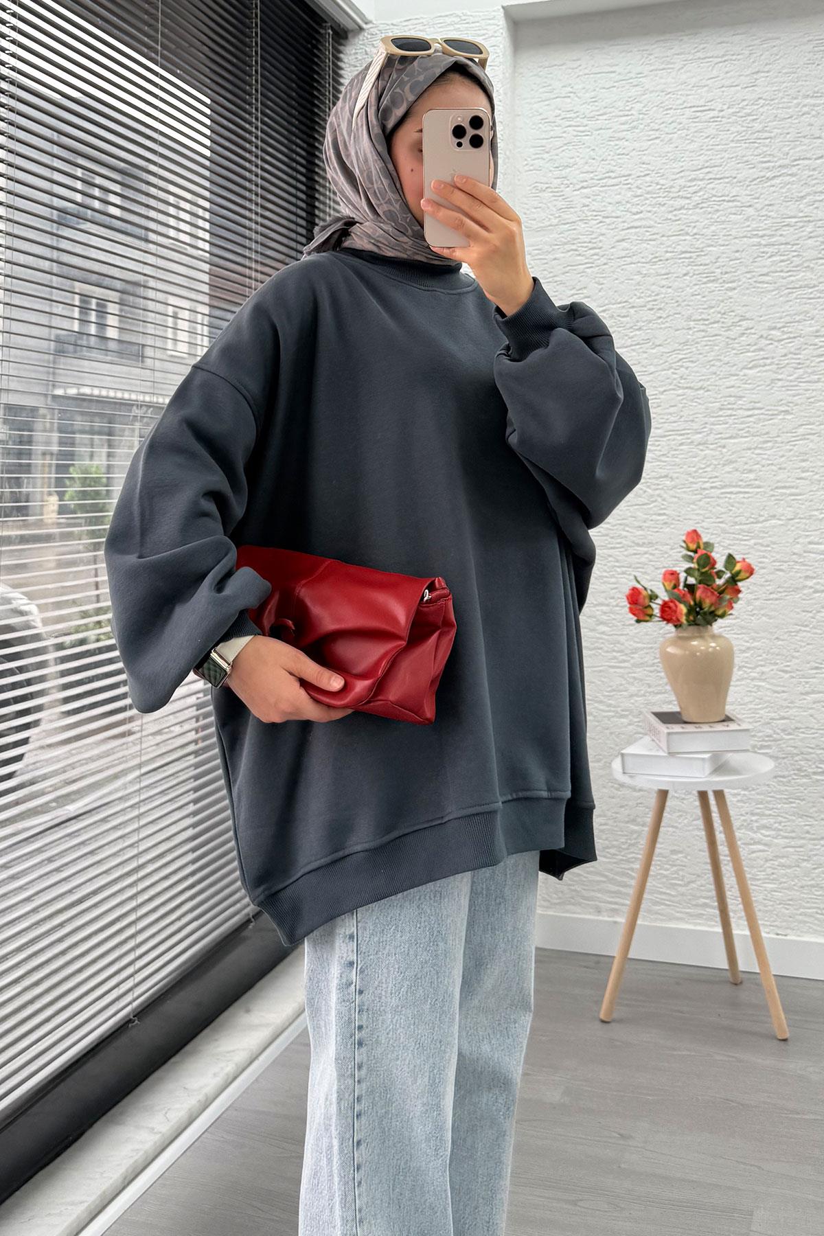 Bisiklet Yaka Oversize Kadın Sweat – Antrasit