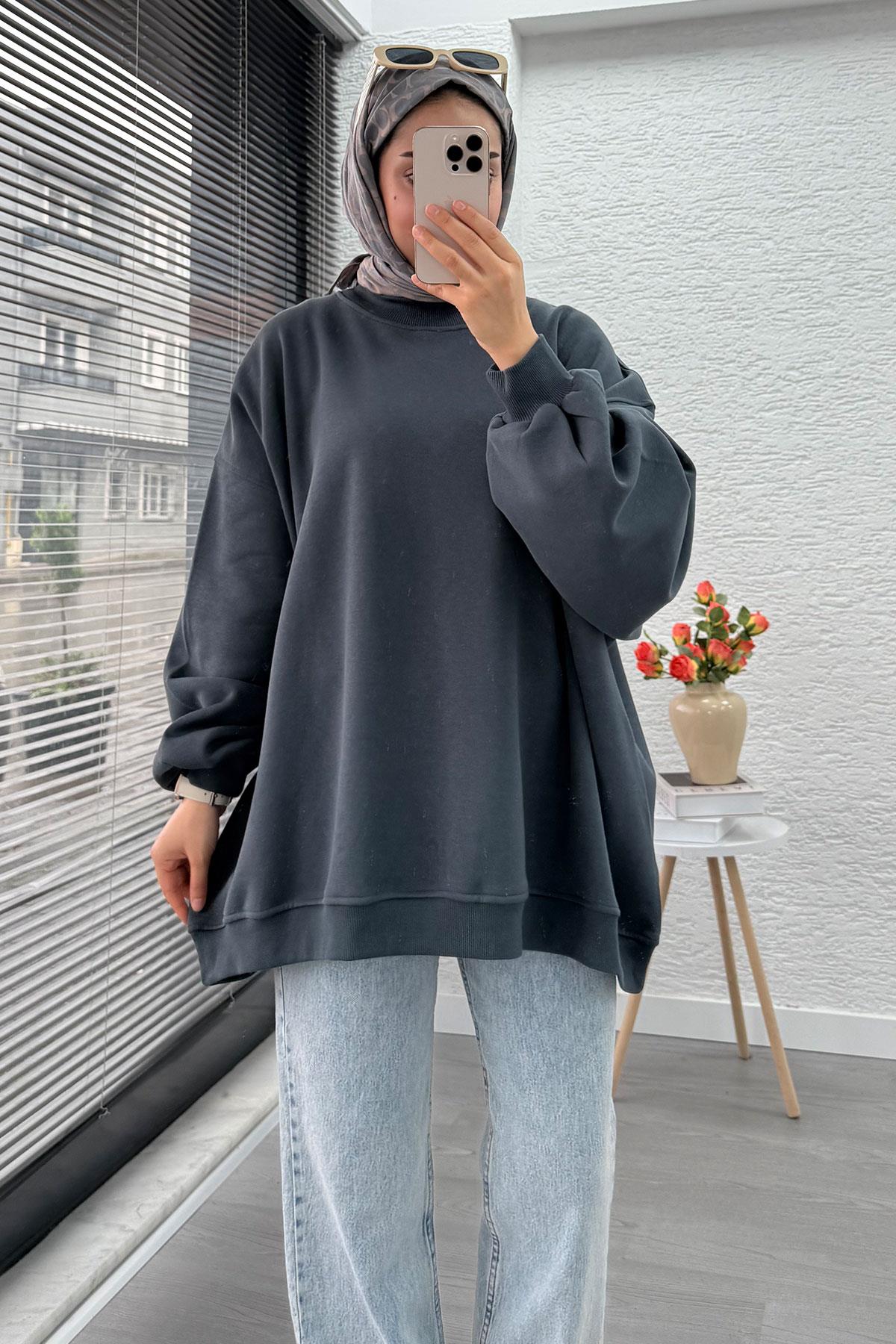 Bisiklet Yaka Oversize Kadın Sweat – Antrasit
