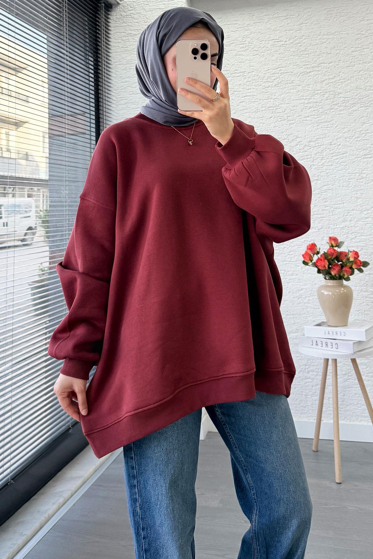 Bisiklet Yaka Oversize Kadın Sweat – Bordo