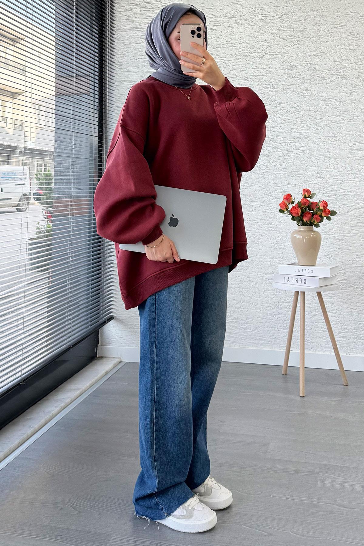 Bisiklet Yaka Oversize Kadın Sweat – Bordo