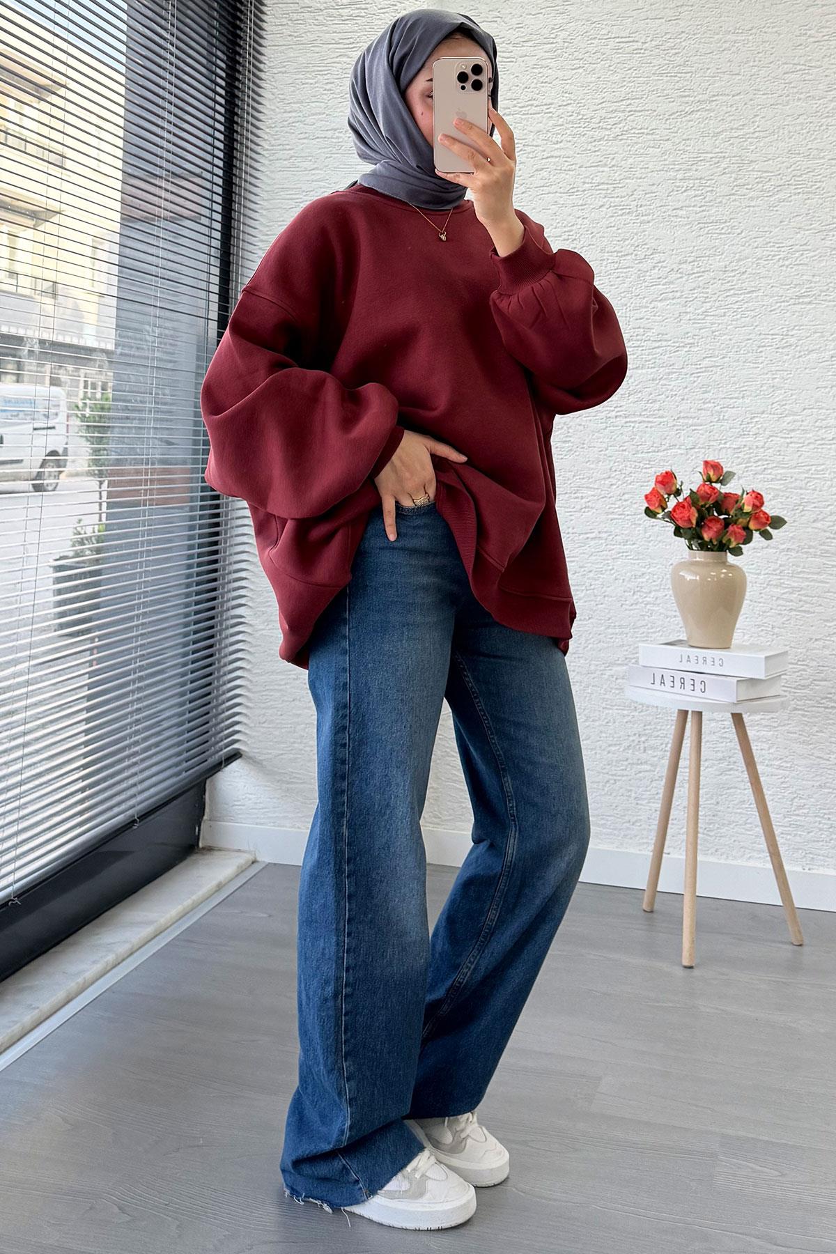 Bisiklet Yaka Oversize Kadın Sweat – Bordo