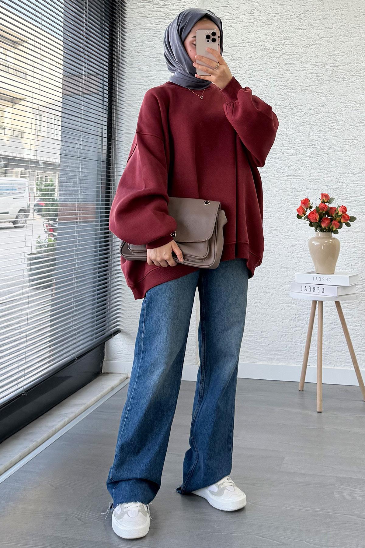 Bisiklet Yaka Oversize Kadın Sweat – Bordo