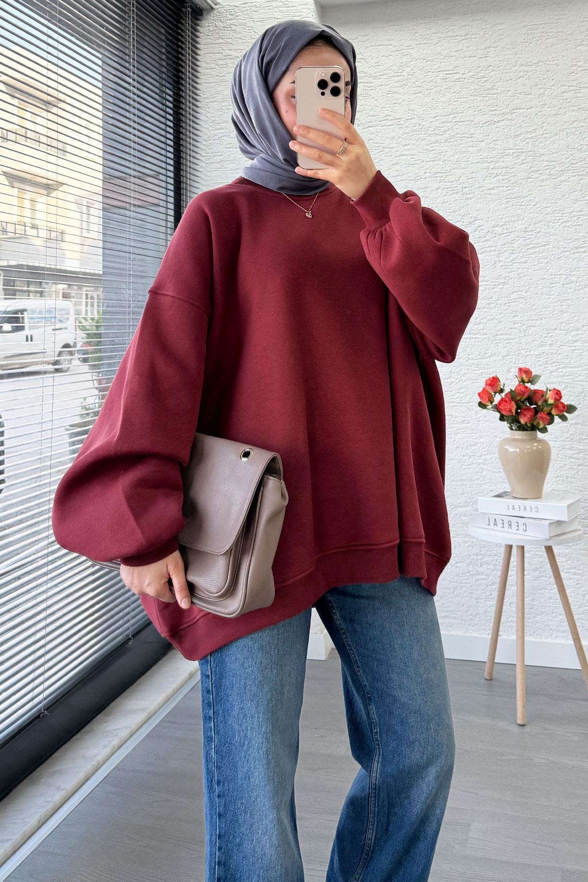 Bisiklet Yaka Oversize Kadın Sweat – Bordo