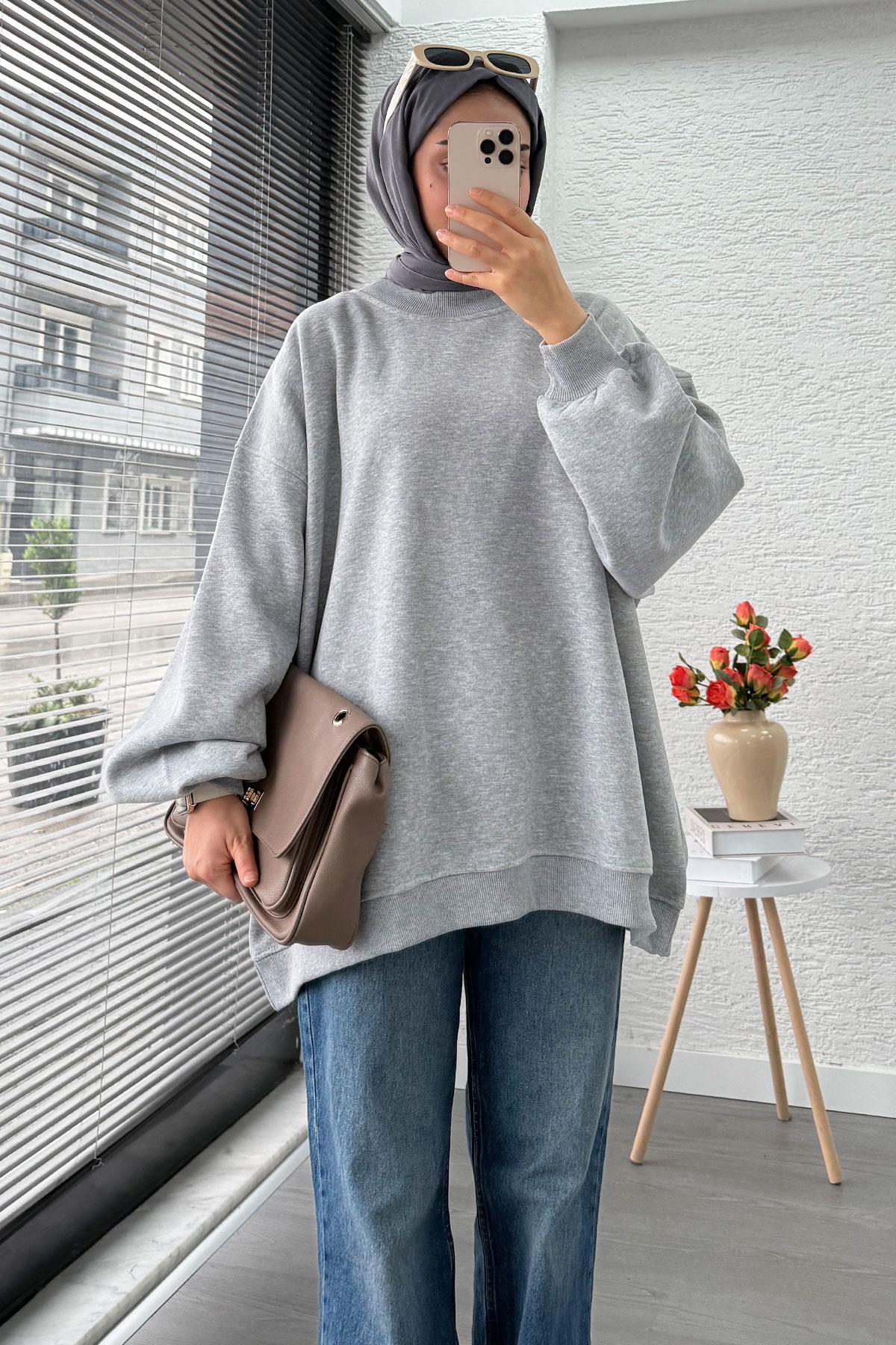 Bisiklet Yaka Oversize Kadın Sweat – Gri