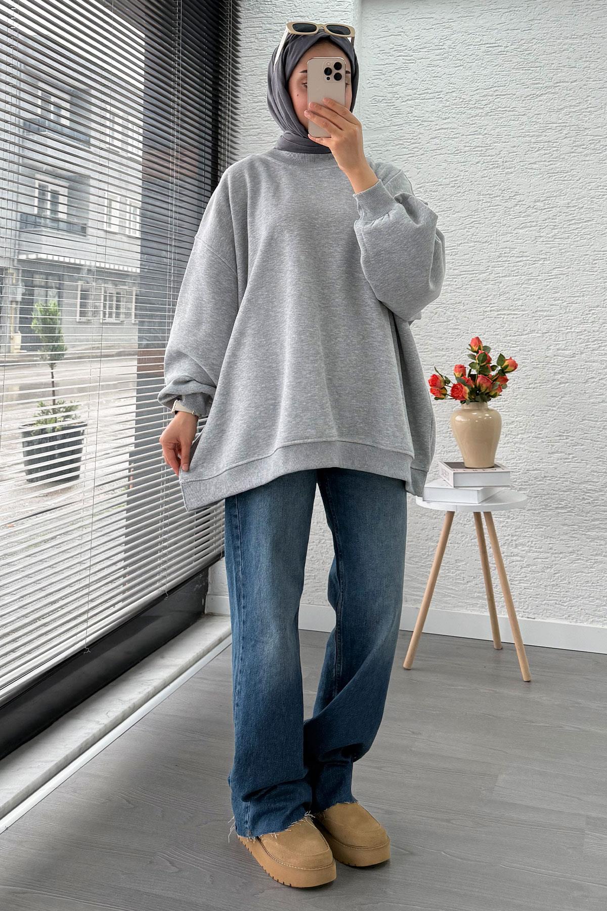 Bisiklet Yaka Oversize Kadın Sweat – Gri