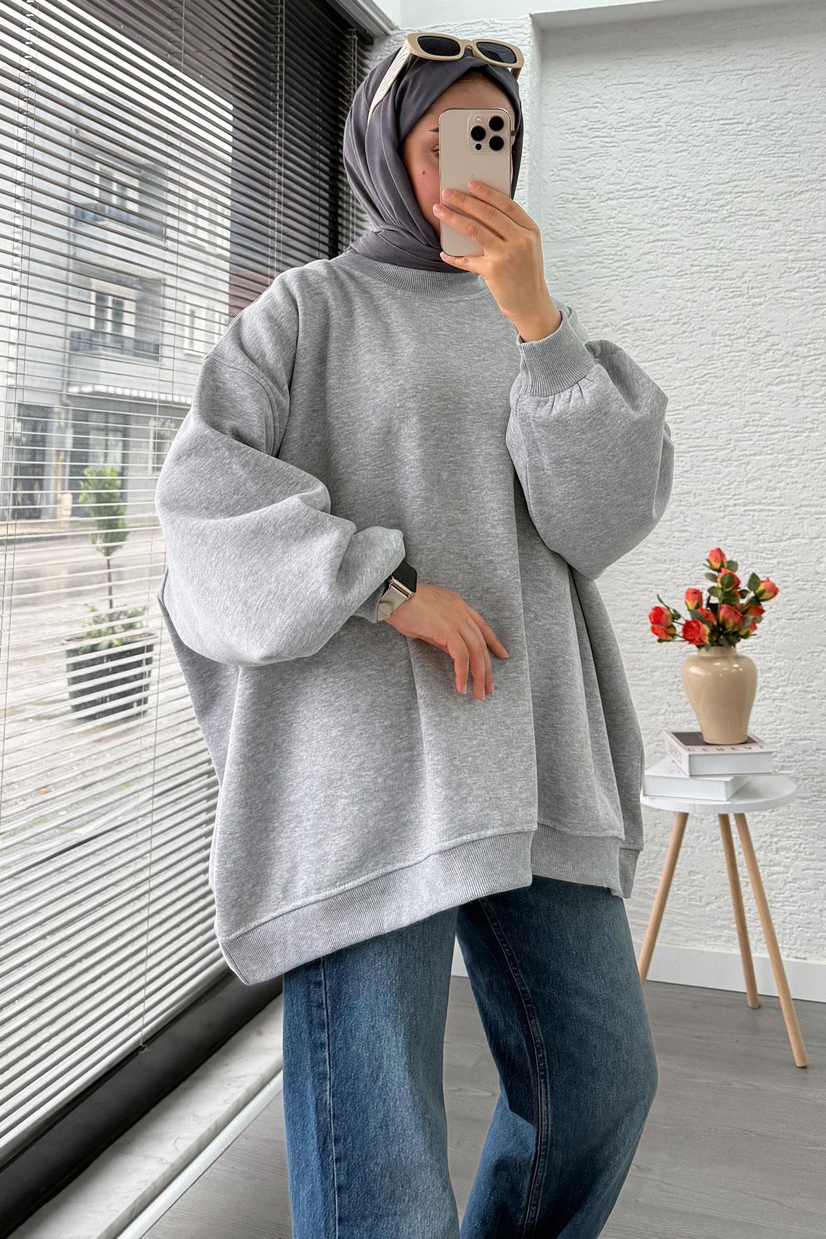 Bisiklet Yaka Oversize Kadın Sweat – Gri