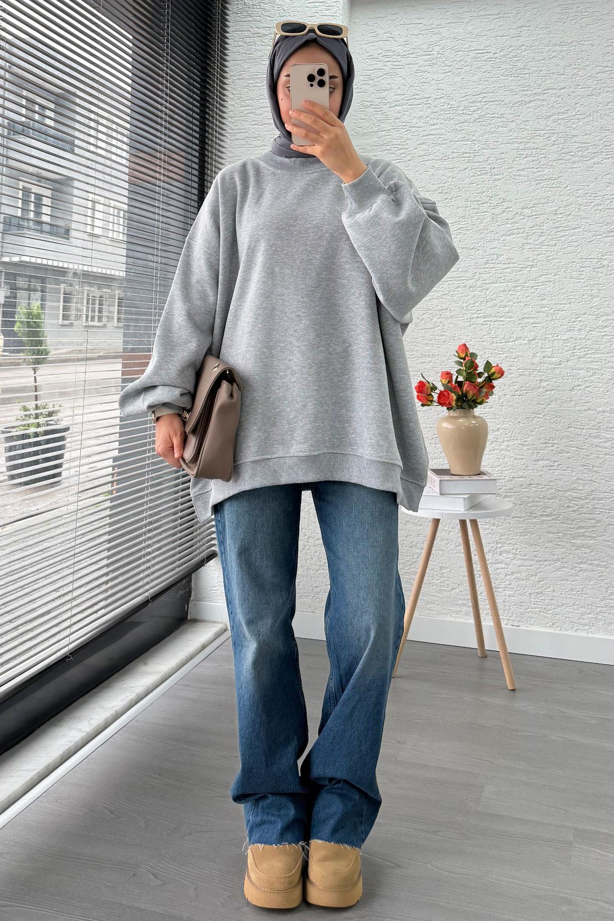 Bisiklet Yaka Oversize Kadın Sweat – Gri