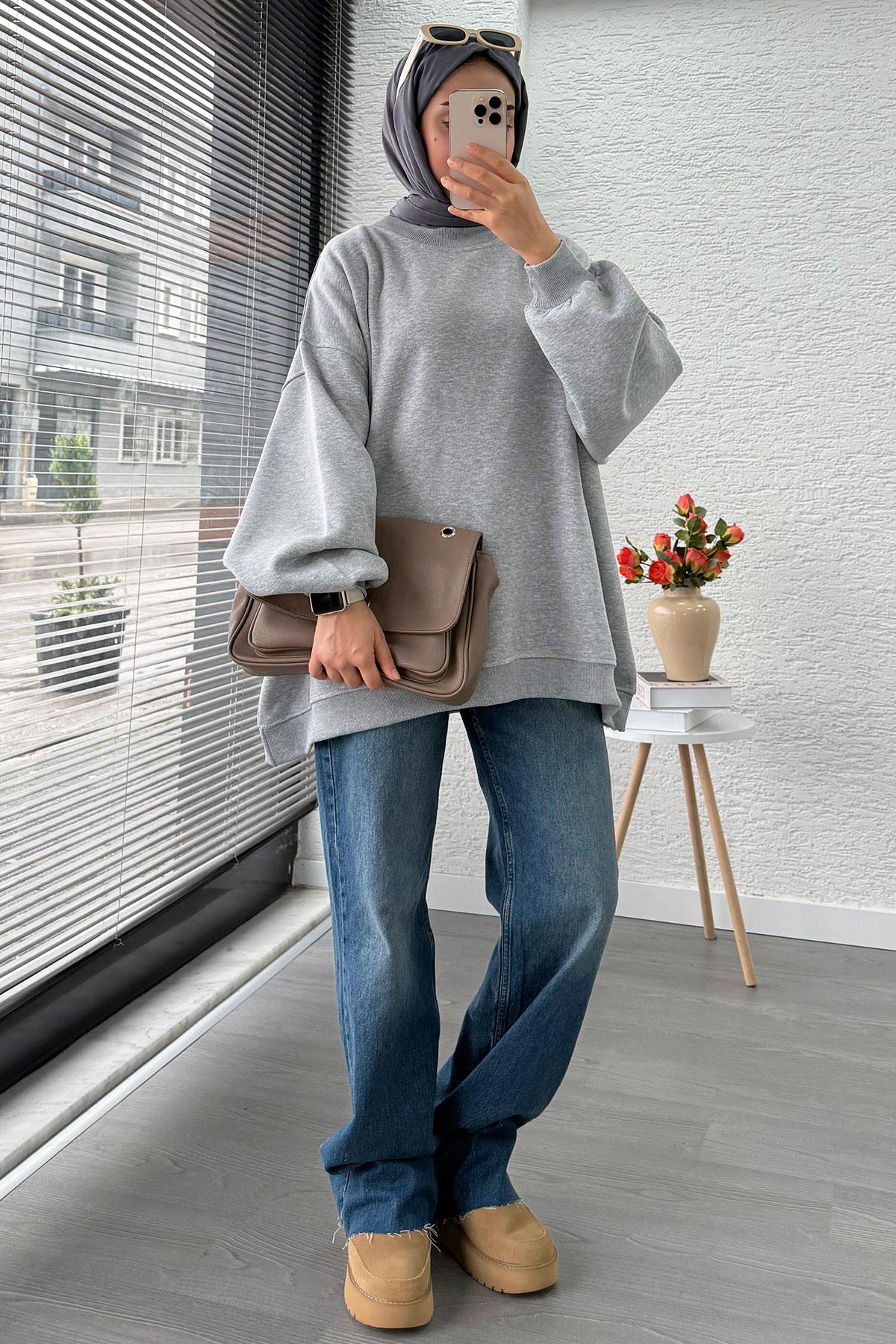 Bisiklet Yaka Oversize Kadın Sweat – Gri