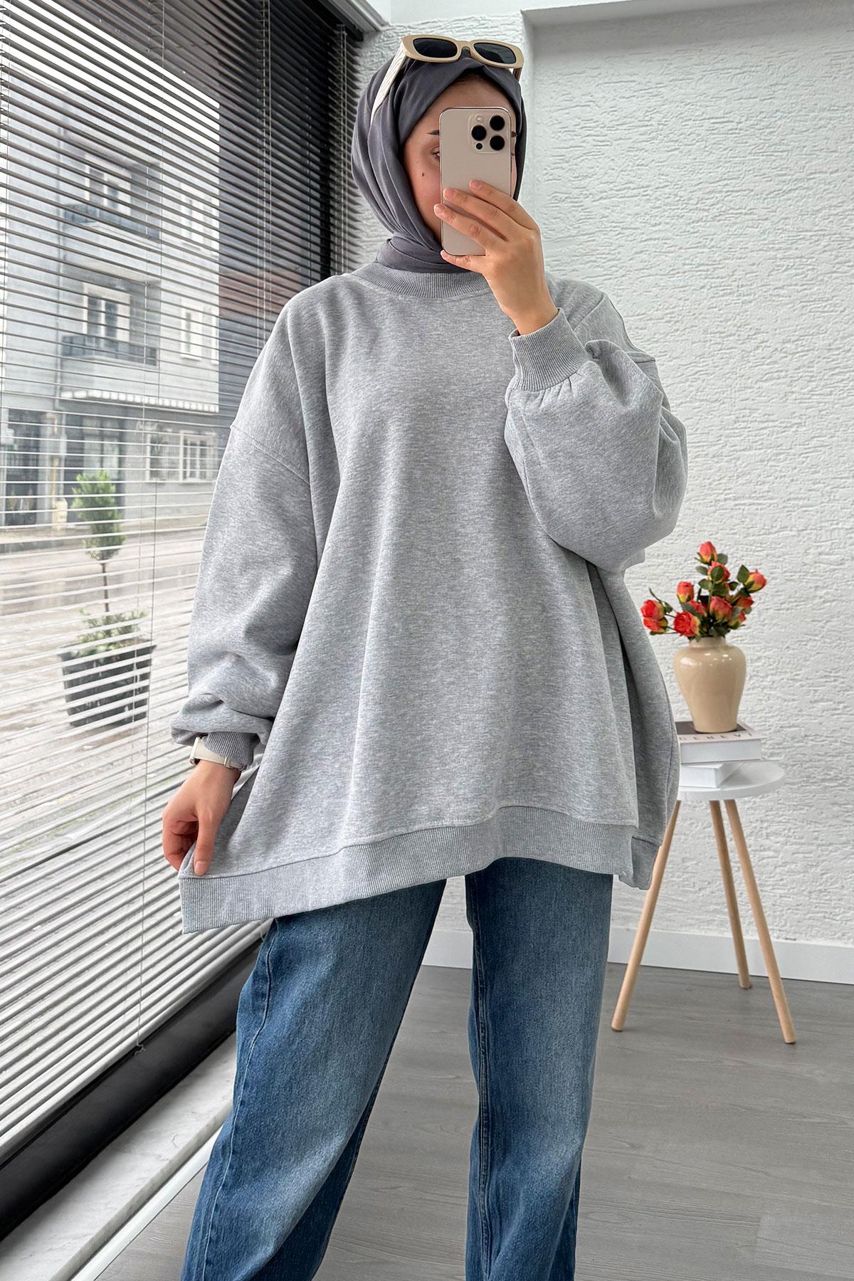 Bisiklet Yaka Oversize Kadın Sweat – Gri