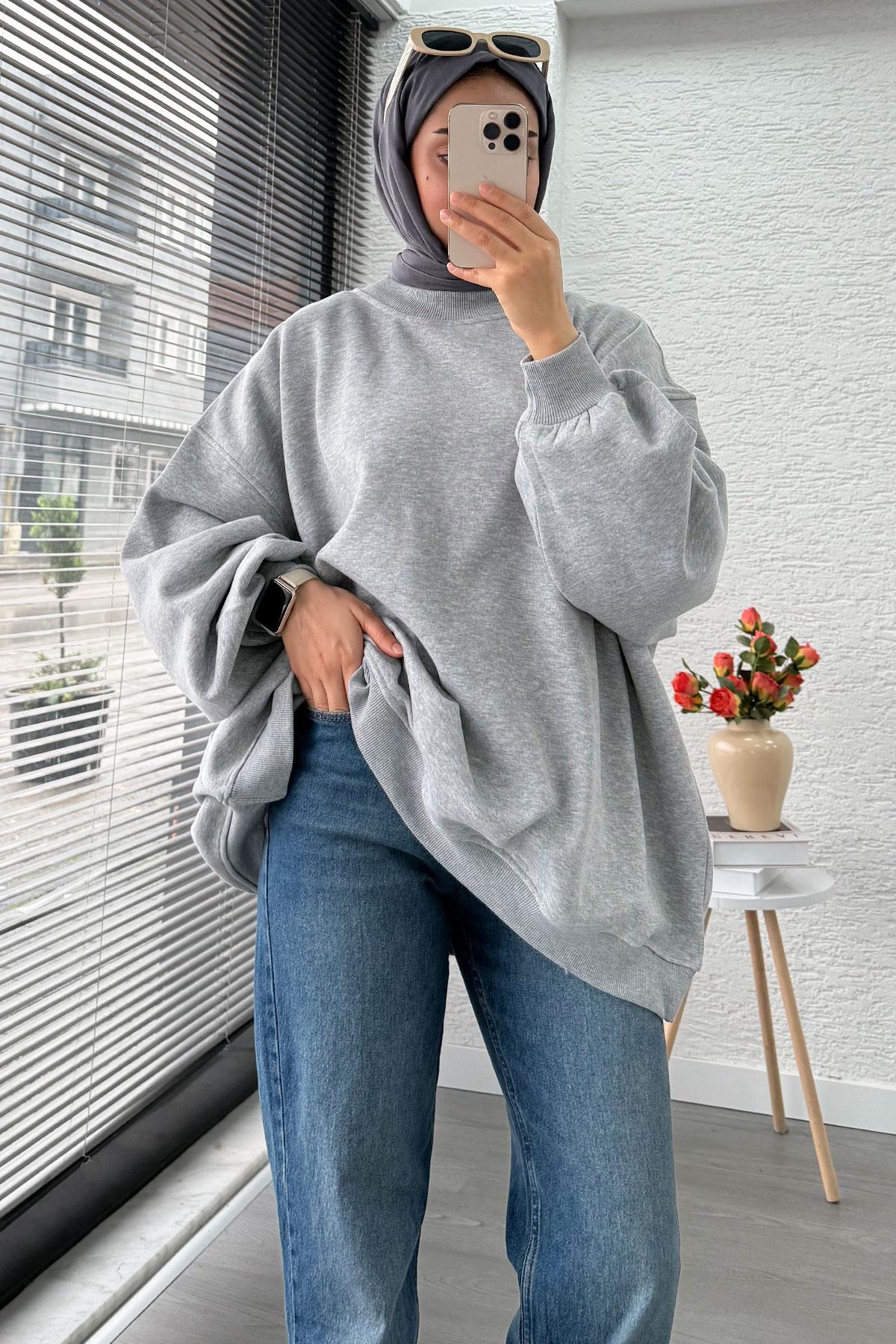 Bisiklet Yaka Oversize Kadın Sweat – Gri
