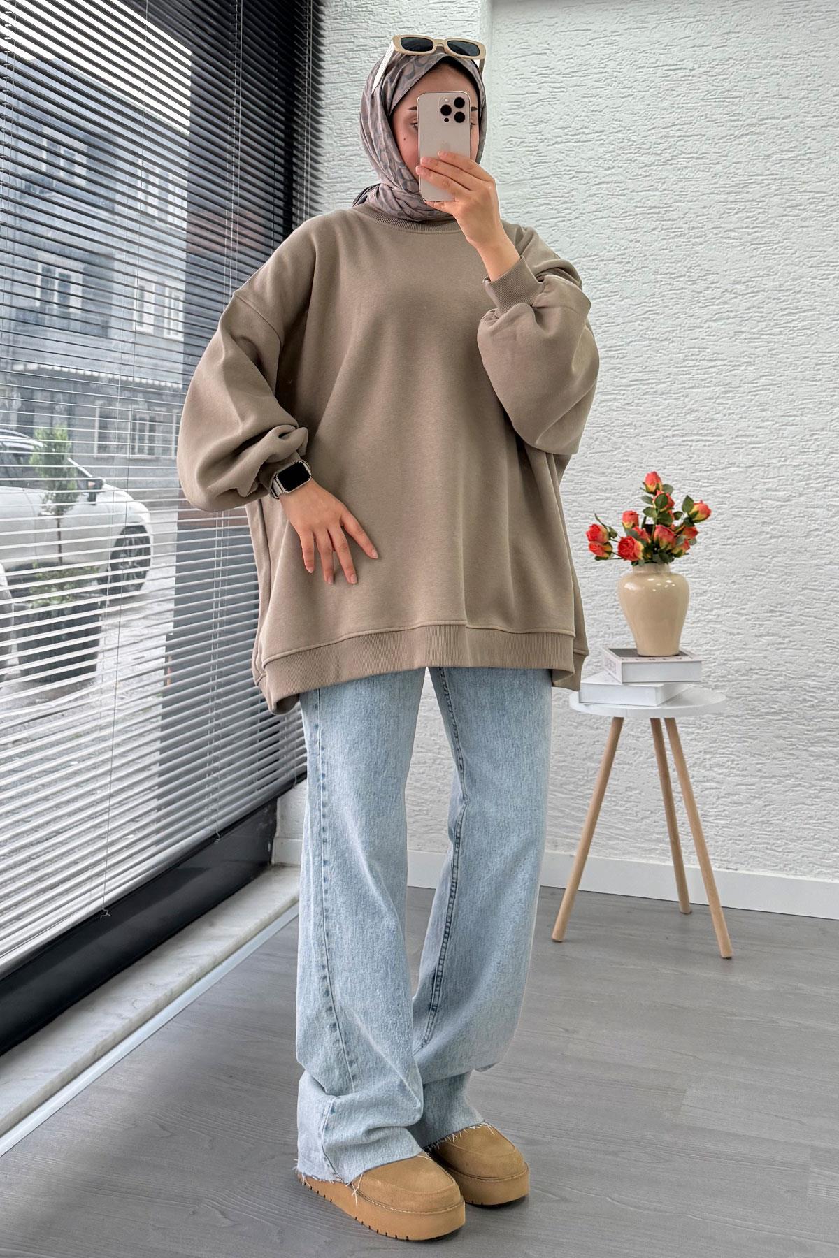 Bisiklet Yaka Oversize Kadın Sweat – Haki
