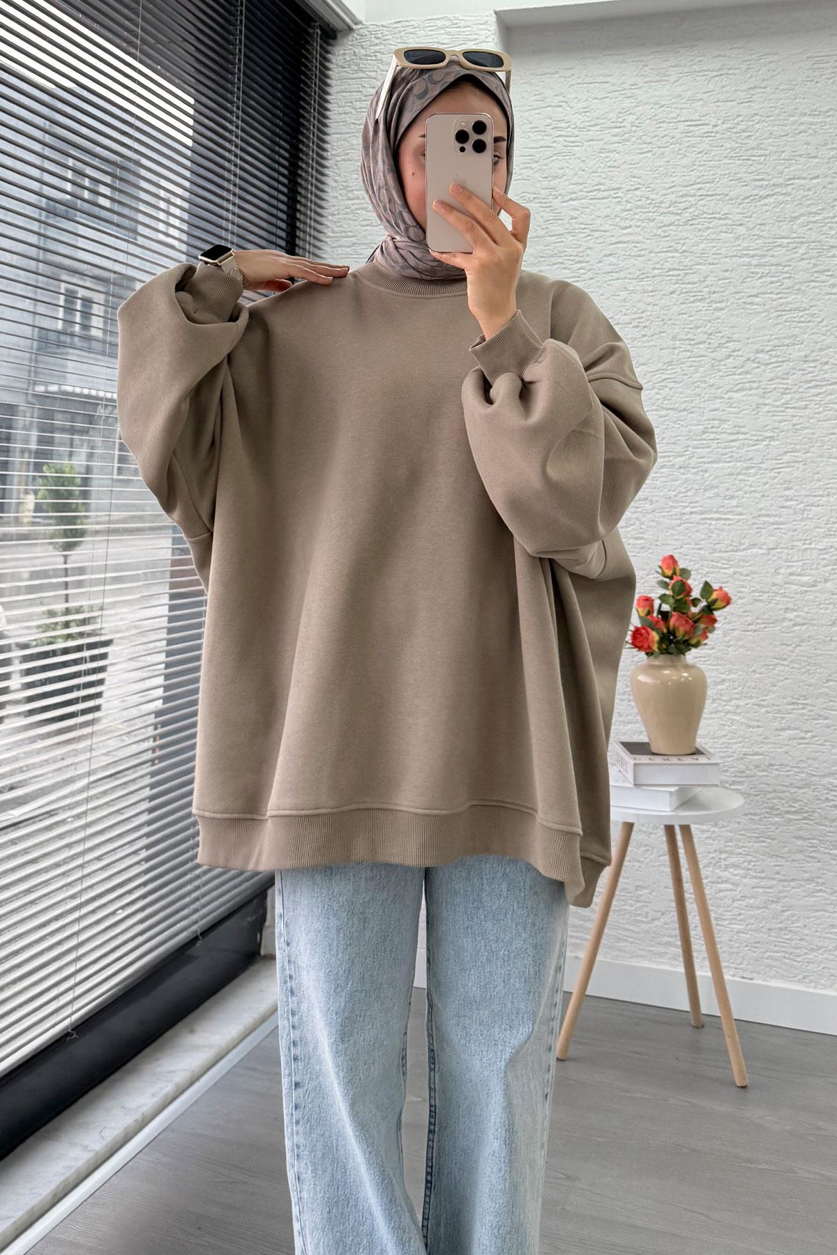 Bisiklet Yaka Oversize Kadın Sweat – Haki