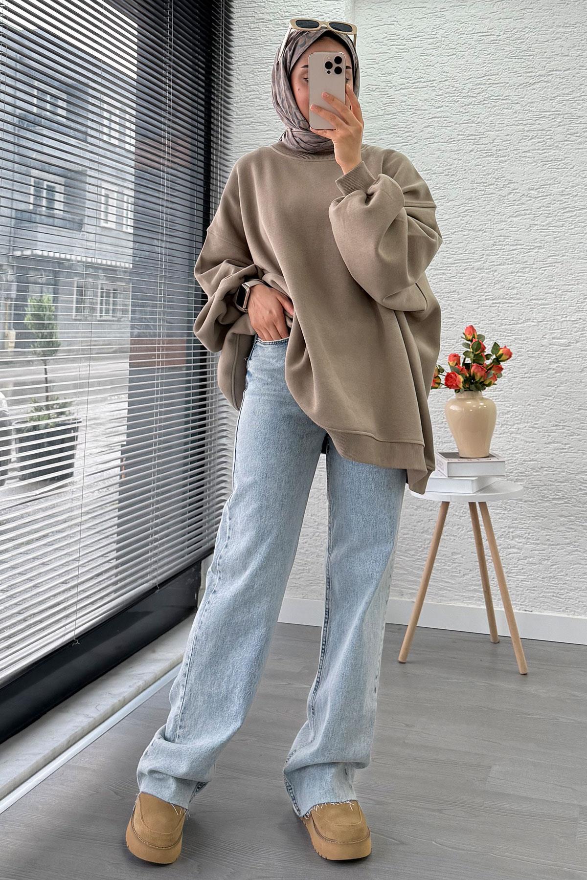 Bisiklet Yaka Oversize Kadın Sweat – Haki