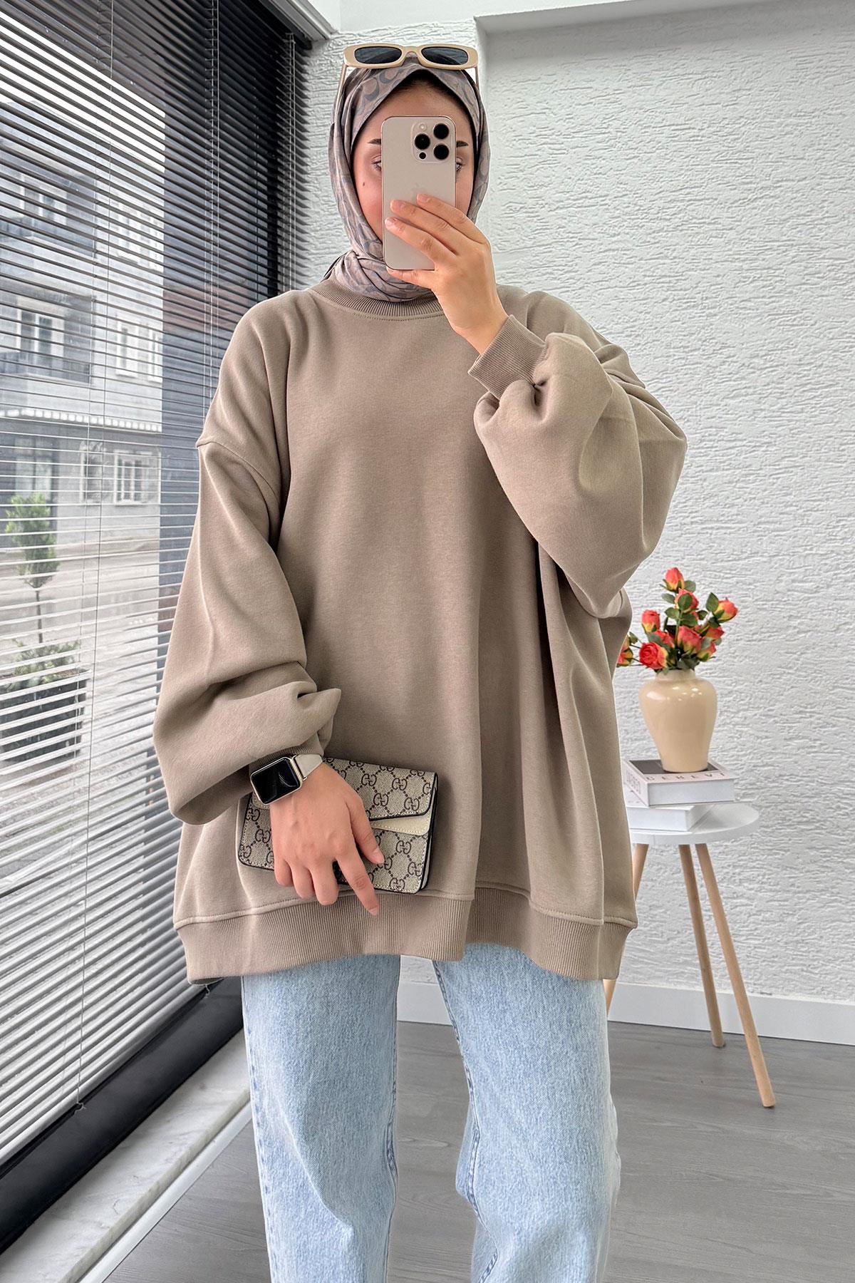 Bisiklet Yaka Oversize Kadın Sweat – Haki