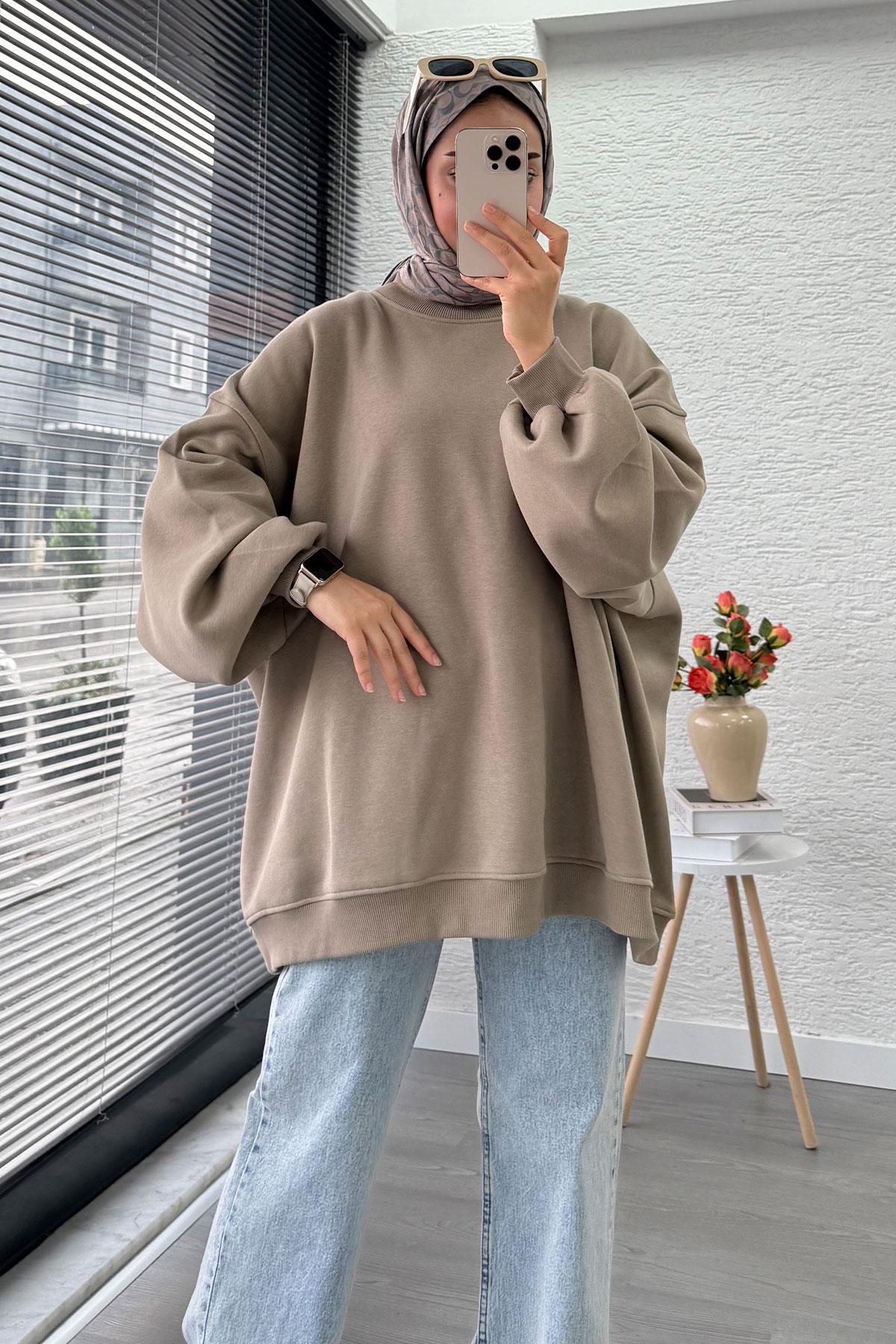Bisiklet Yaka Oversize Kadın Sweat – Haki