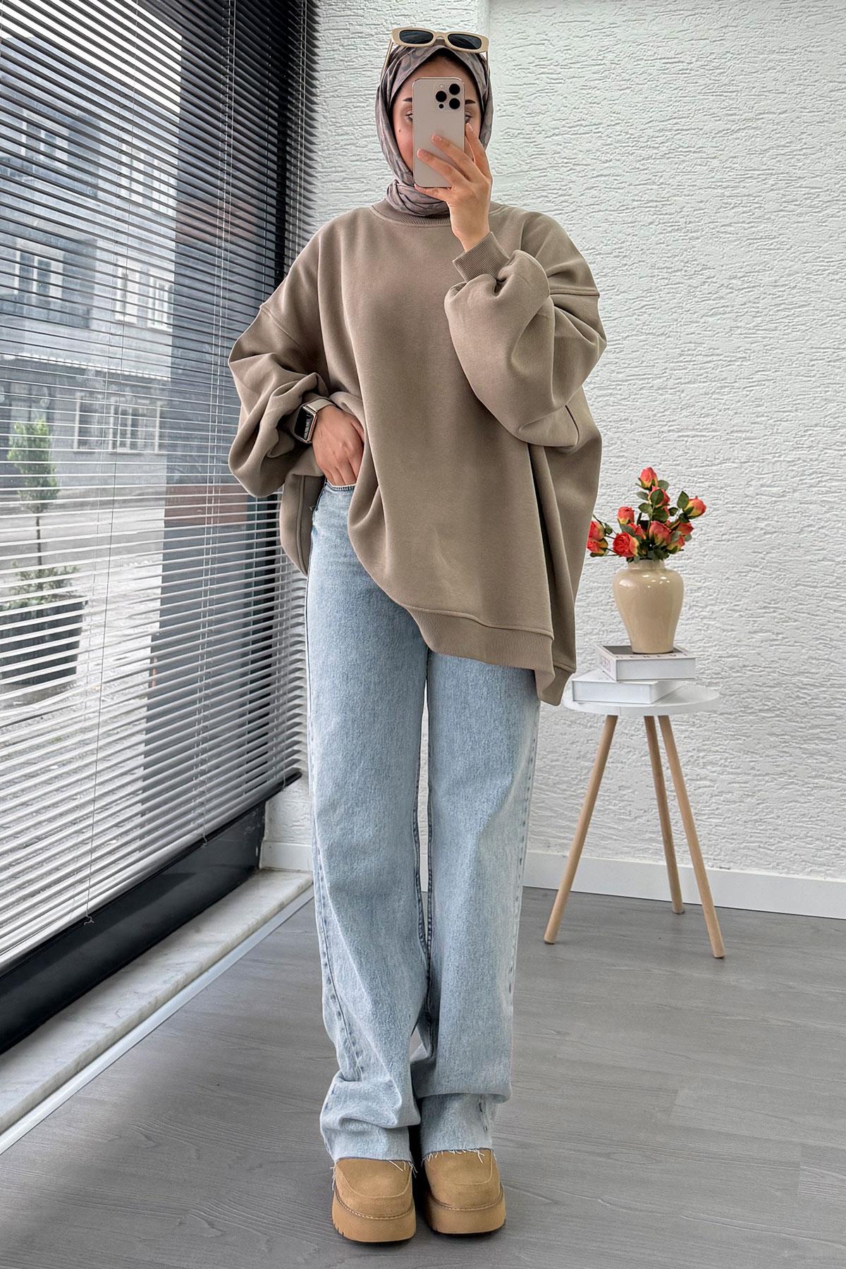 Bisiklet Yaka Oversize Kadın Sweat – Haki