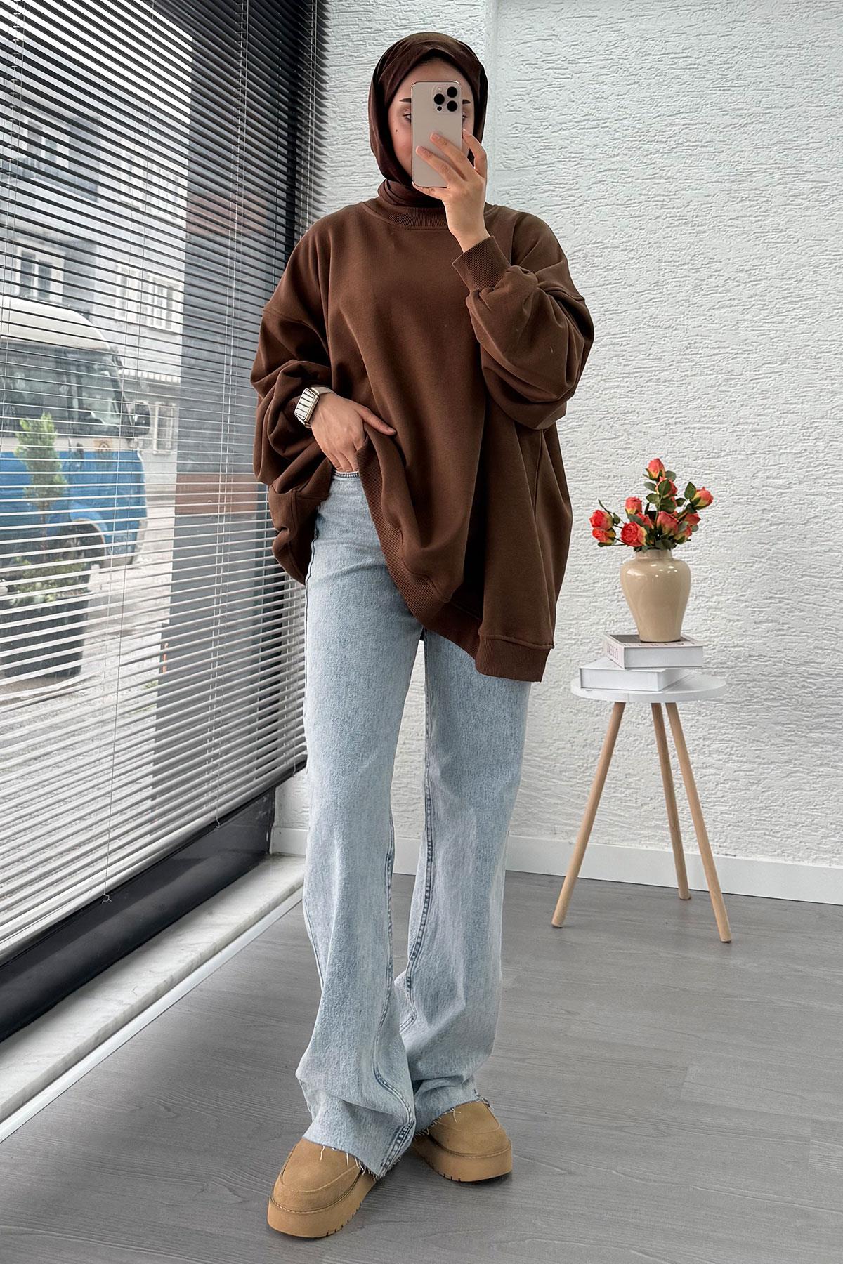 Bisiklet Yaka Oversize Kadın Sweat – Kahverengi