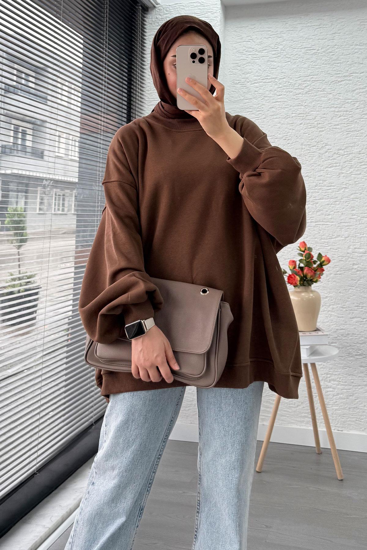 Bisiklet Yaka Oversize Kadın Sweat – Kahverengi
