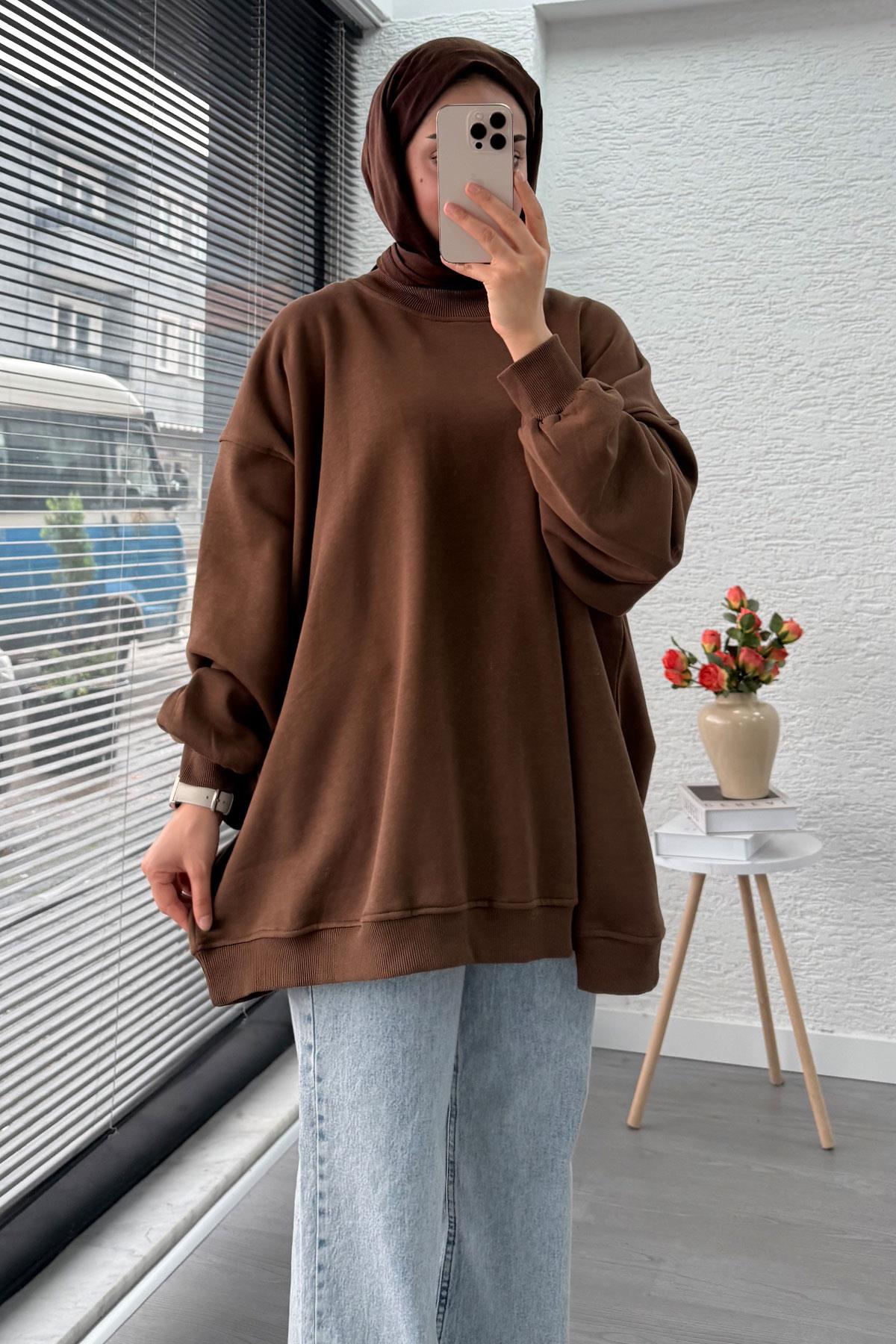 Bisiklet Yaka Oversize Kadın Sweat – Kahverengi