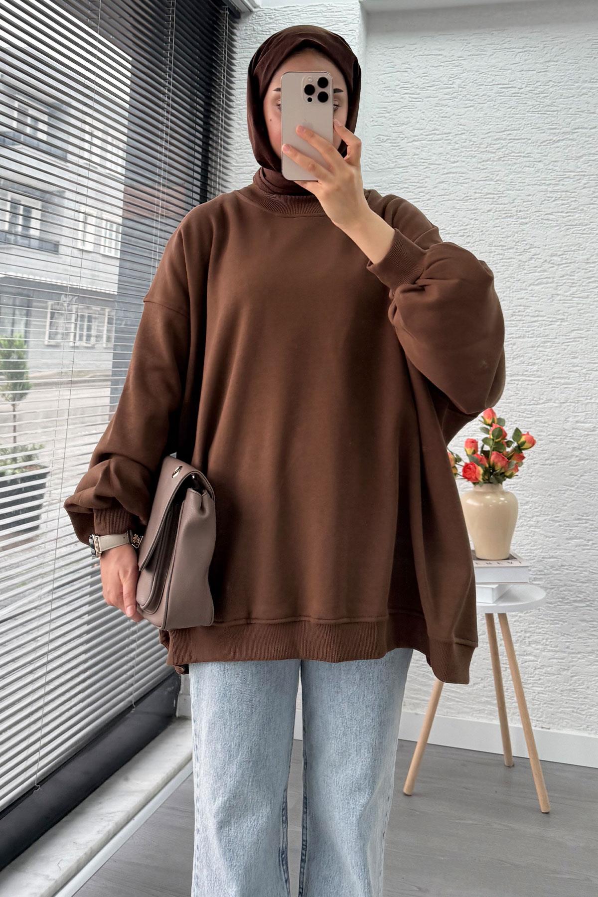 Bisiklet Yaka Oversize Kadın Sweat – Kahverengi