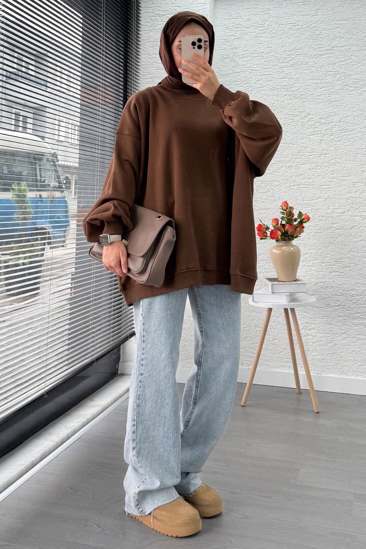 Bisiklet Yaka Oversize Kadın Sweat – Kahverengi