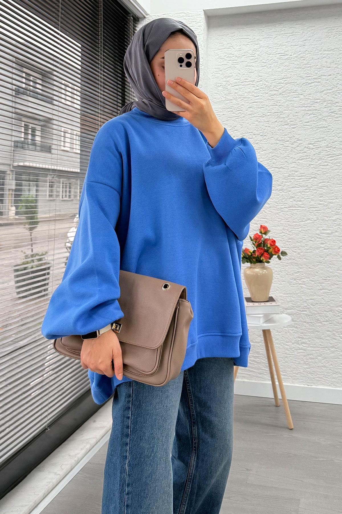 Bisiklet Yaka Oversize Kadın Sweat – Mavi