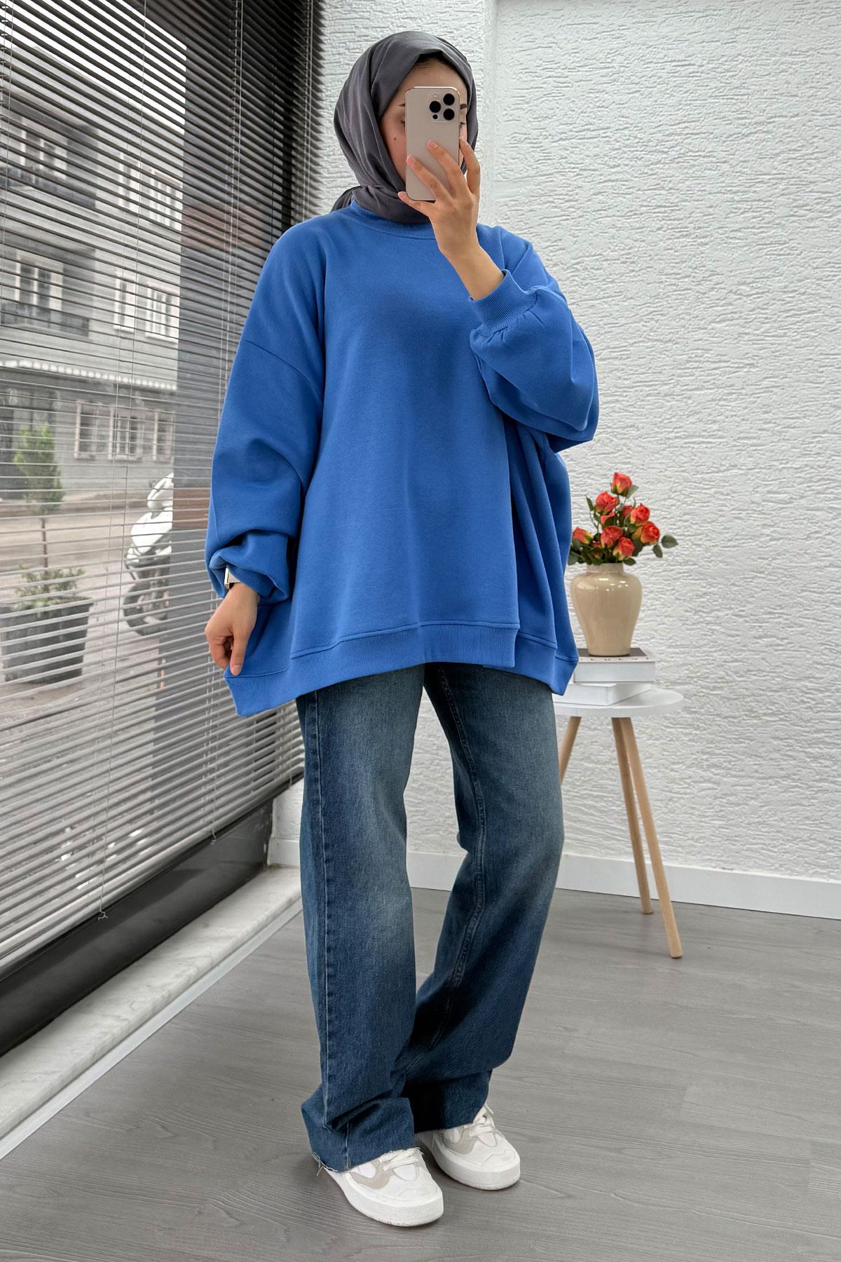 Bisiklet Yaka Oversize Kadın Sweat – Mavi